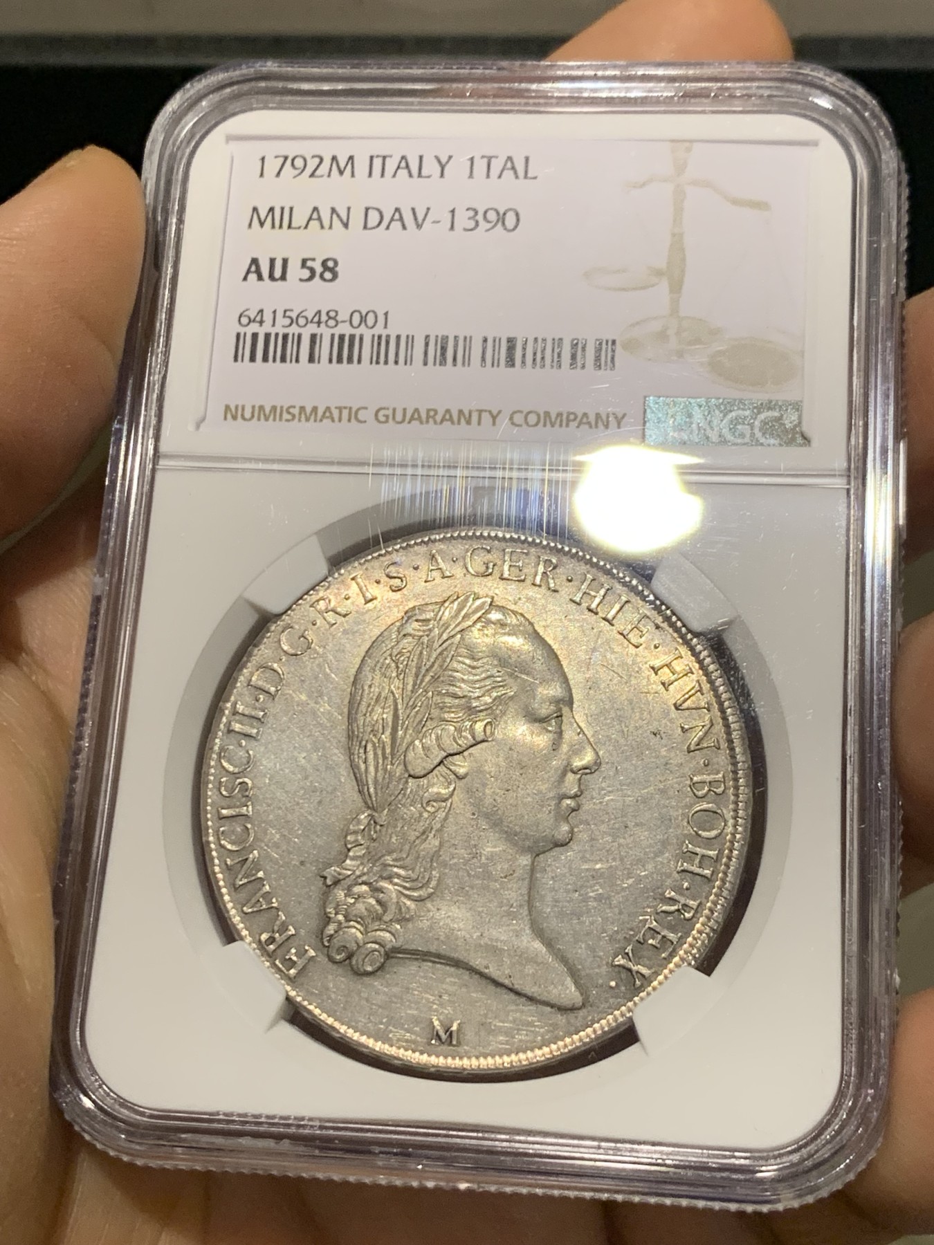 《竞宝斋》第221场-周日，周一 2场 (全场包邮) 唯一冠军分  NGC-AU58 1792M年 意大利 约瑟夫二世 1泰勒银币 米兰造币厂 哈布斯堡领地 很温润舒服 稀少品种