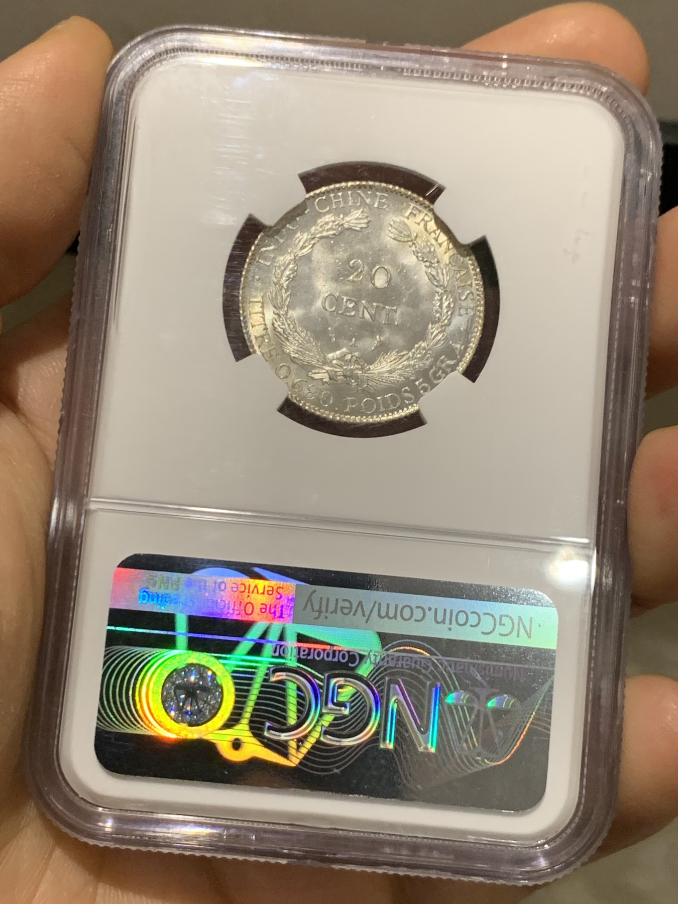 《竞宝斋》第221场-周日，周一 2场 (全场包邮) NGC MS65 原光法属印支1930年坐洋20分银币，少见年份