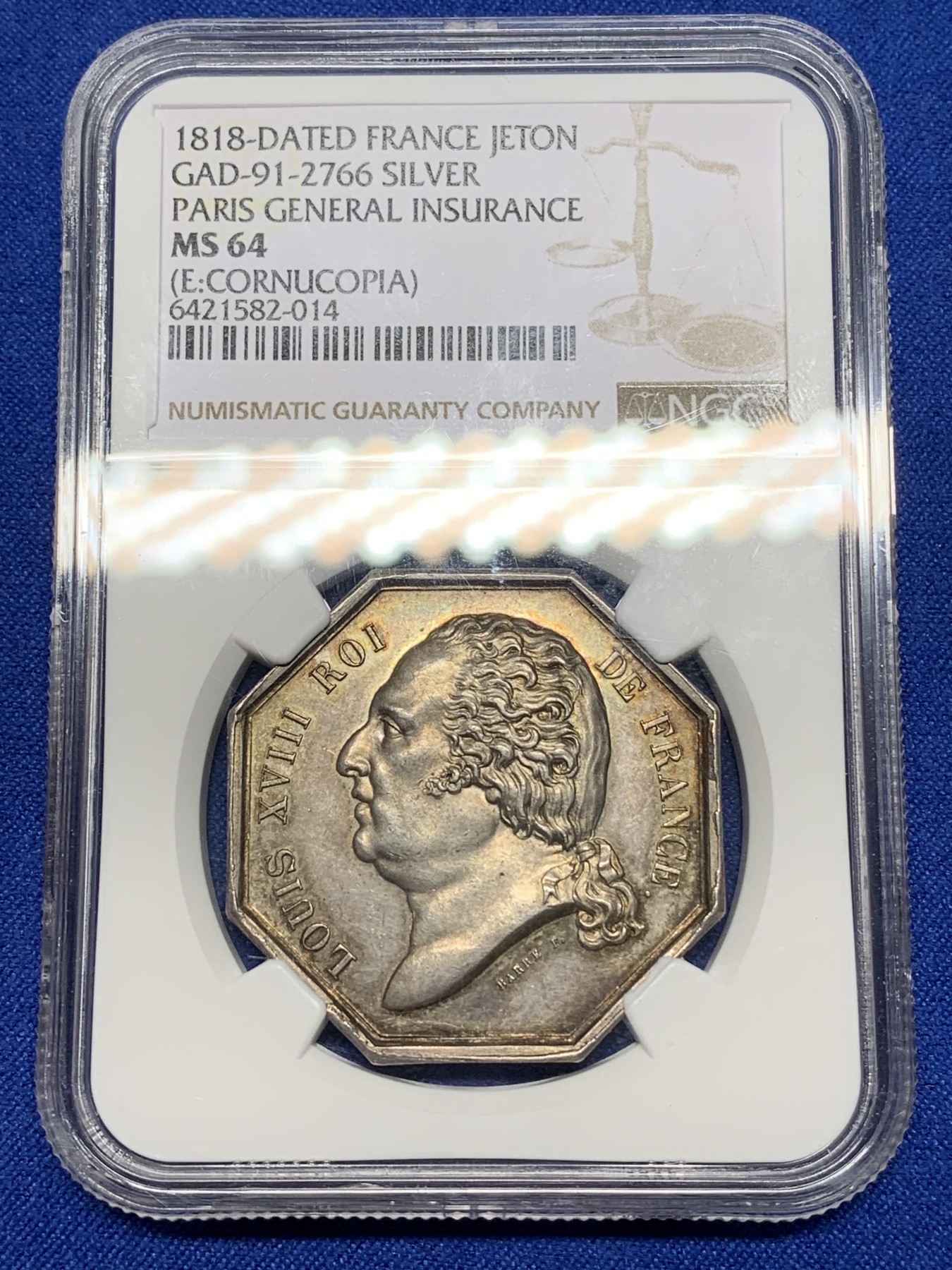 《竞宝斋》第221场-周日，周一 2场 (全场包邮) NGC MS64 法国 1818 八角银质代币，巴黎火灾保险公司，金色彩浆，极美品，块头很大