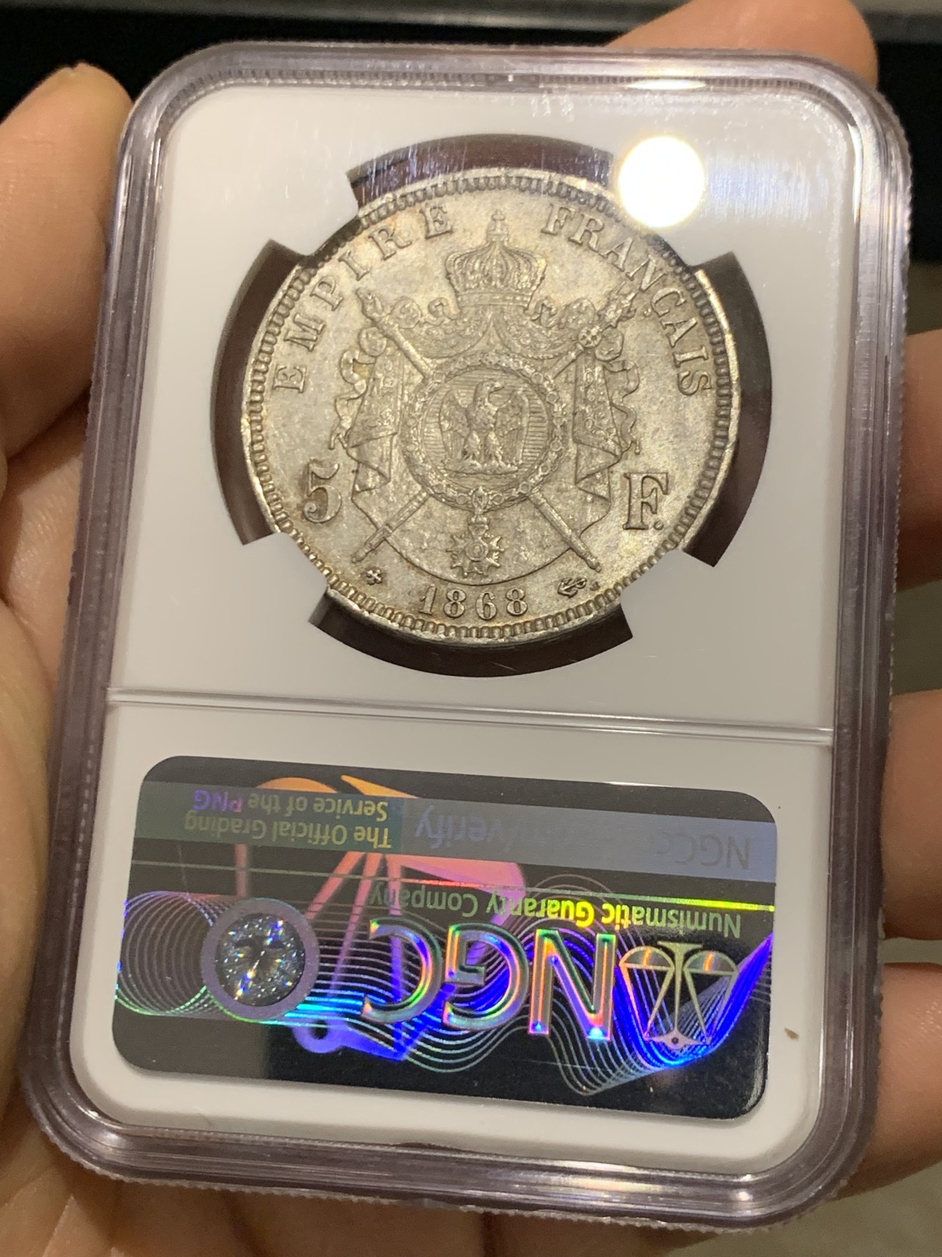 《竞宝斋》第221场-周日，周一 2场 (全场包邮) NGC AU58 法国拿破仑三世5法郎银币 少见1868BB 原味带光 细节一流