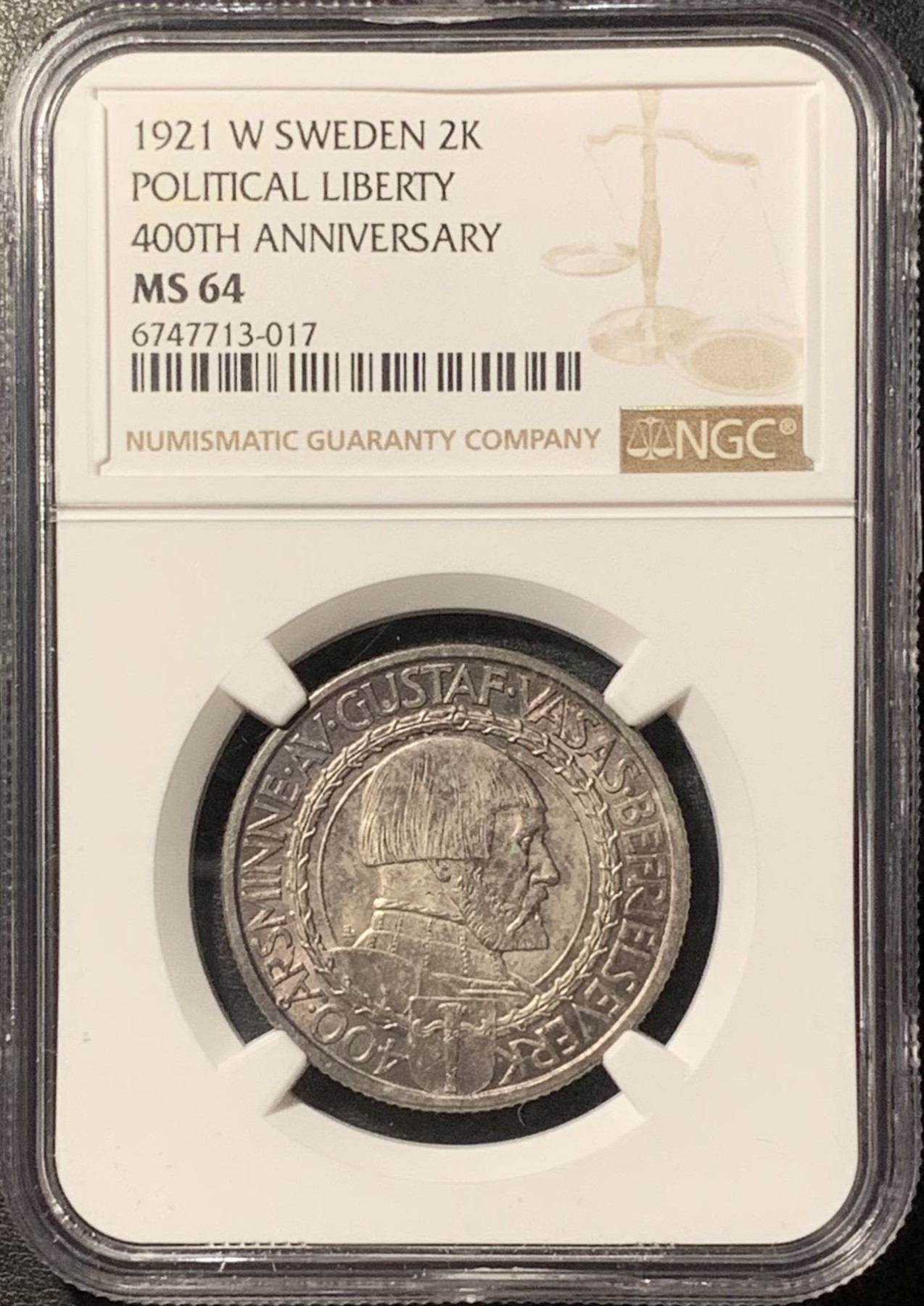 紫瑗钱币——第329期拍卖 瑞典 1921年 政治自由400周年 2克朗 银币 NGC MS64 五彩