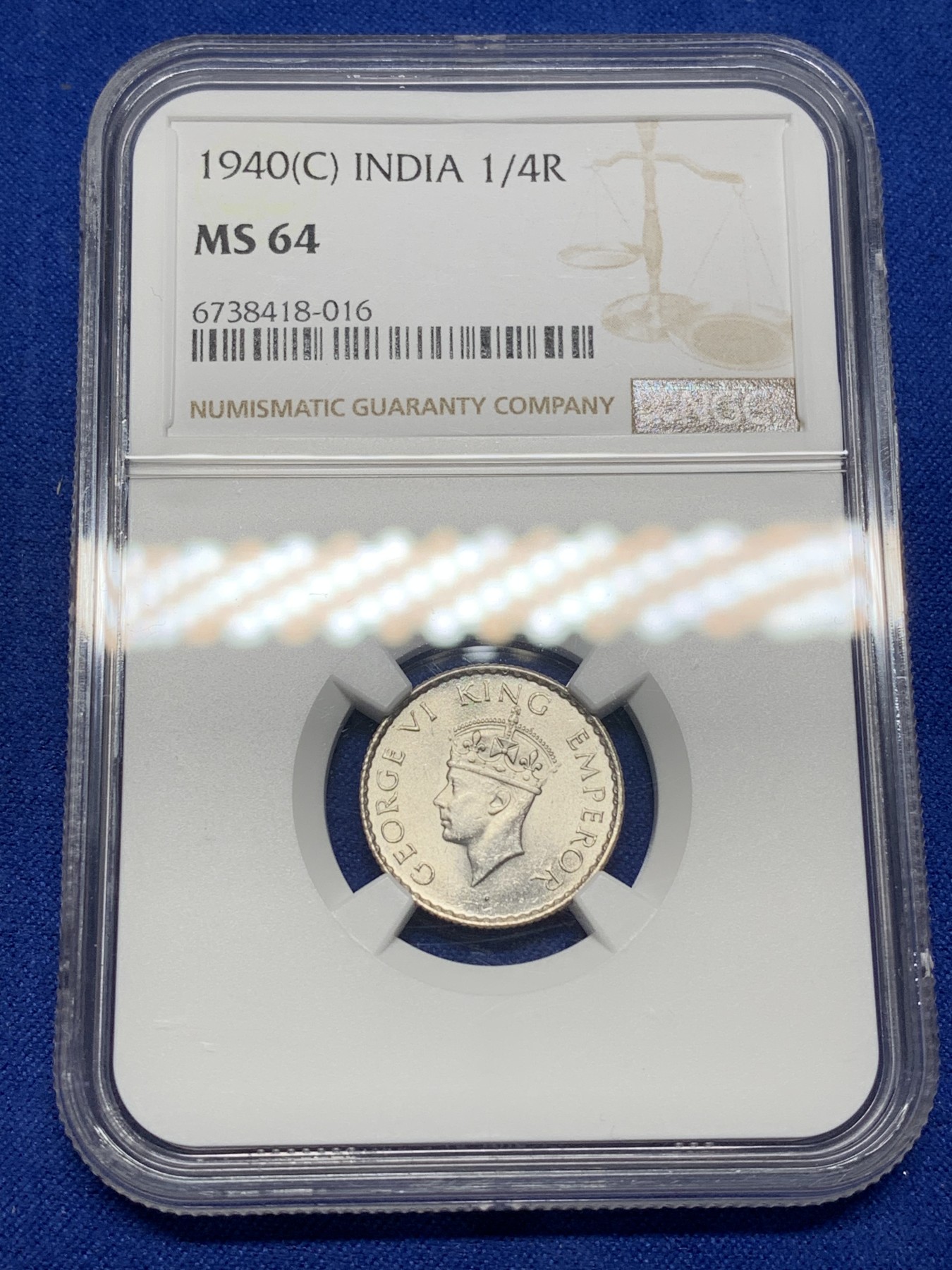 《竞宝斋》第221场-周日，周一 2场 (全场包邮) NGC-MS64 英属印度 1940年C版 乔治六世1/4卢比 key年份版别 卷拆品