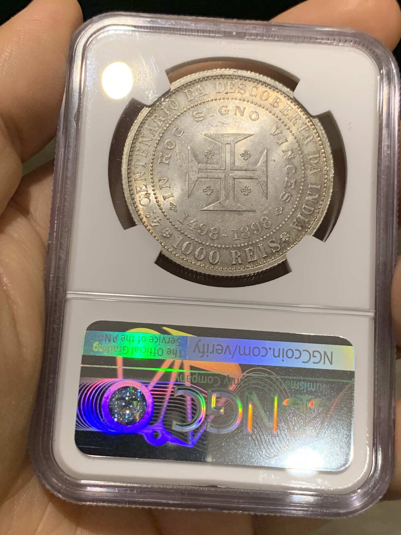 《竞宝斋》第221场-周日，周一 2场 (全场包邮) NGC MS63 葡萄牙1898年发现印度戎装版1000瑞斯大银币