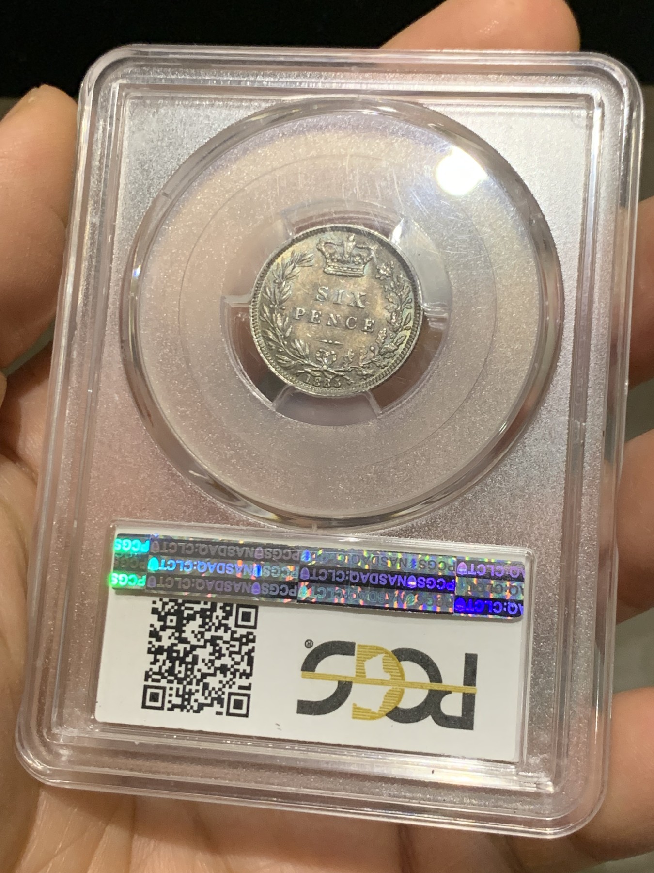 《竞宝斋》第221场-周日，周一 2场 (全场包邮) PCGS MS63 英国1885维多利亚女王6便士银币  顶级紫罗兰五彩 略有低评