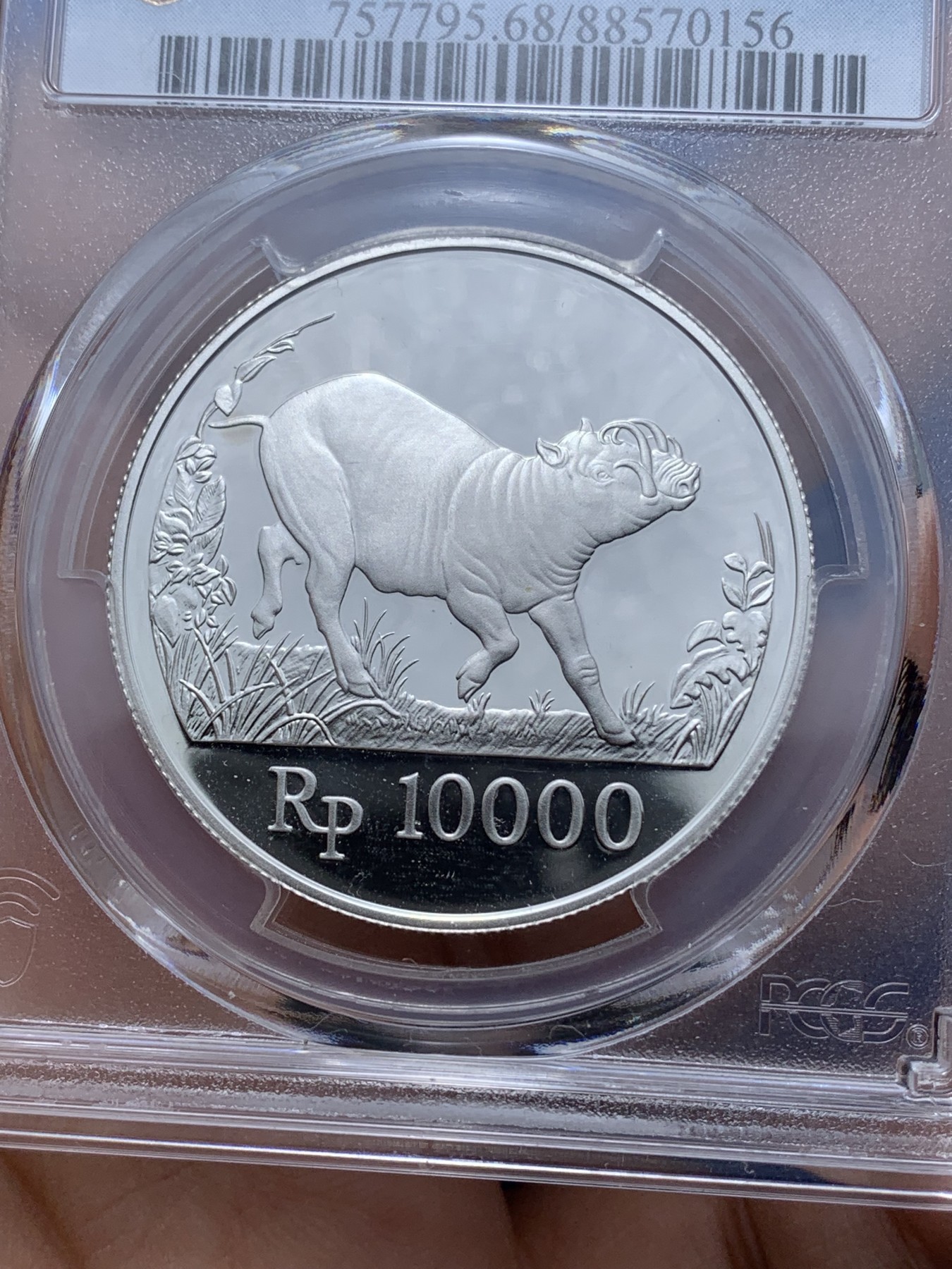 《竞宝斋》第221场-周日，周一 2场 (全场包邮) PCGS金盾 PR68DCAM 印度尼西亚1987年鹿豚1万卢比精制银币