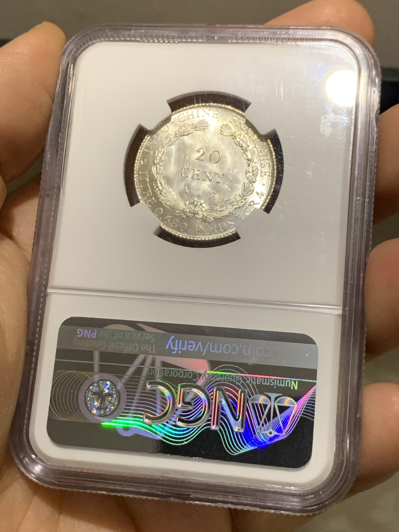 《竞宝斋》第221场-周日，周一 2场 (全场包邮) NGC MS65 原光法属印支1930年坐洋20分银币，少见年份