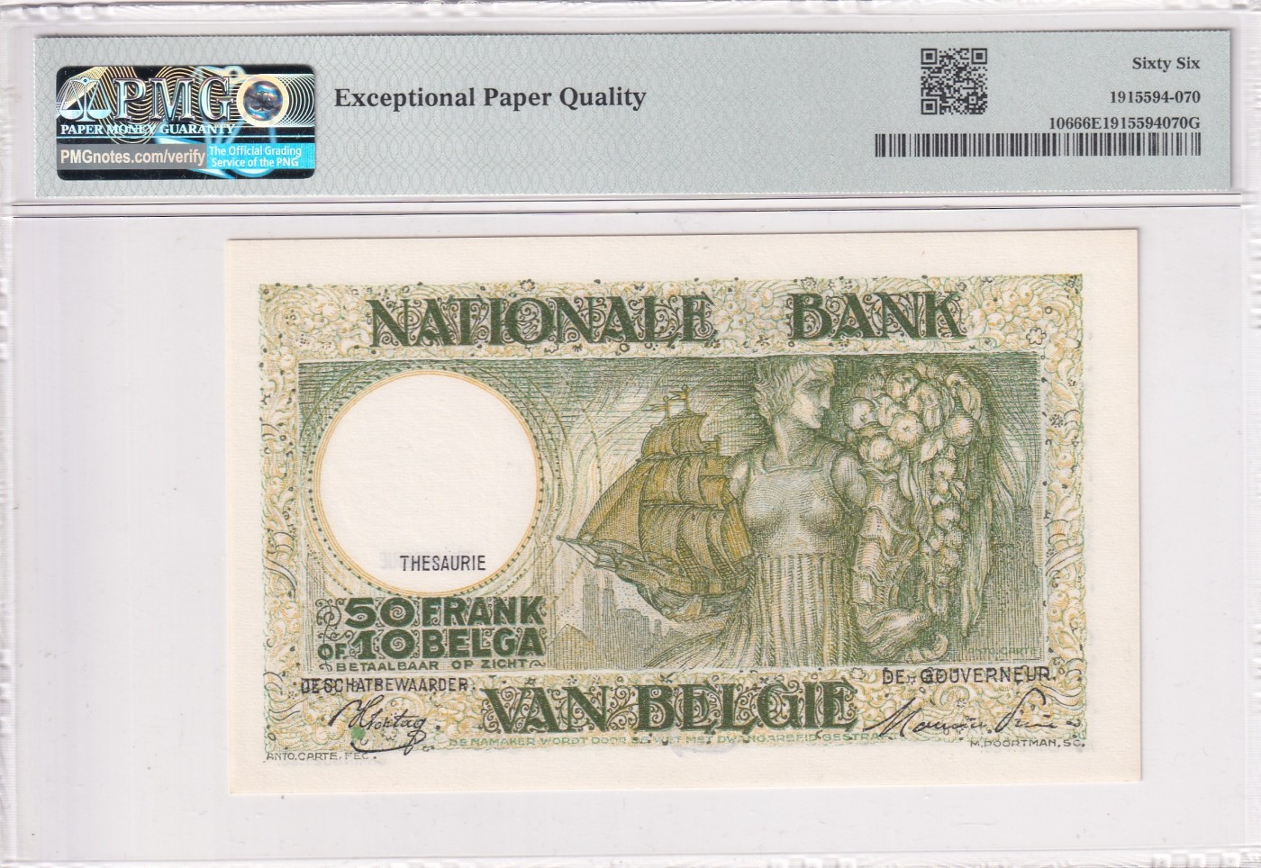 🌗乐淘淘世界纸币拍卖 第32期 🌓 【6256X0433】比利时1935-47年纸币 50法郎 PMG66EPQ 亚军分