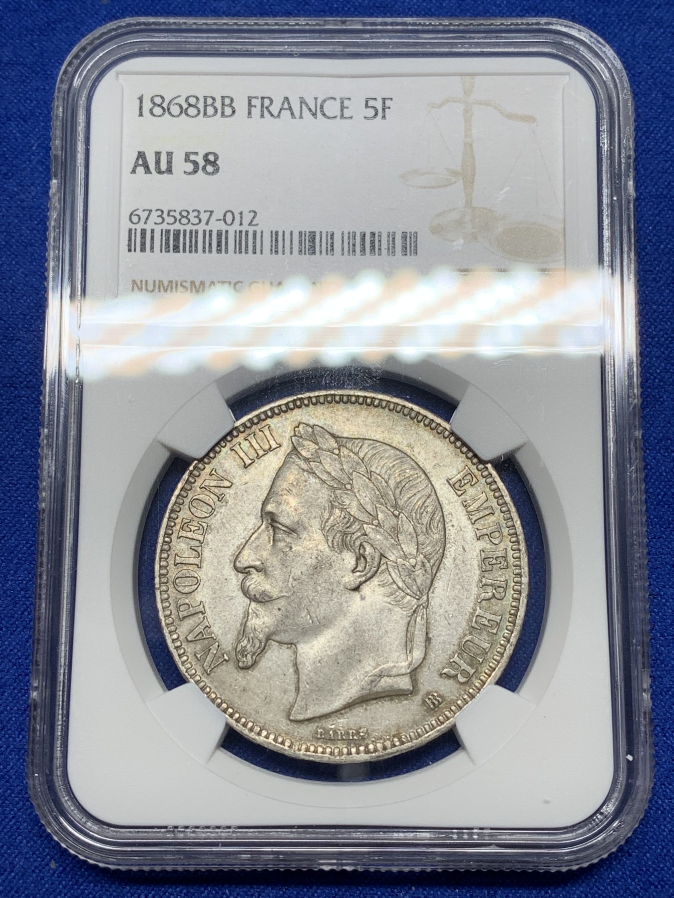 《竞宝斋》第221场-周日，周一 2场 (全场包邮) NGC AU58 法国拿破仑三世5法郎银币 少见1868BB 原味带光 细节一流
