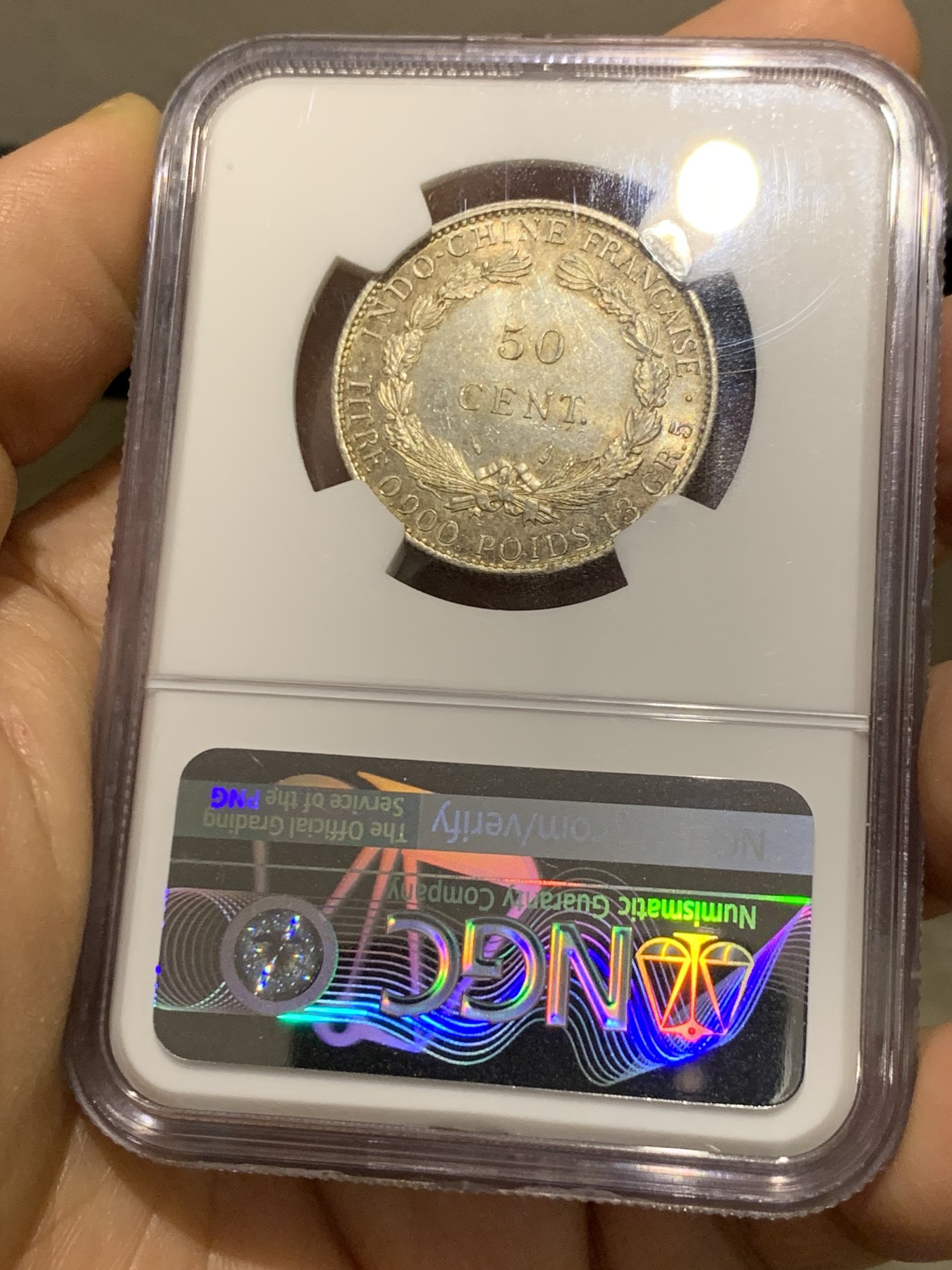 《竞宝斋》第221场-周日，周一 2场 (全场包邮) NGC MS64 1936年法属印支坐洋50分银币 极品原光五彩 状态一流 低评状态