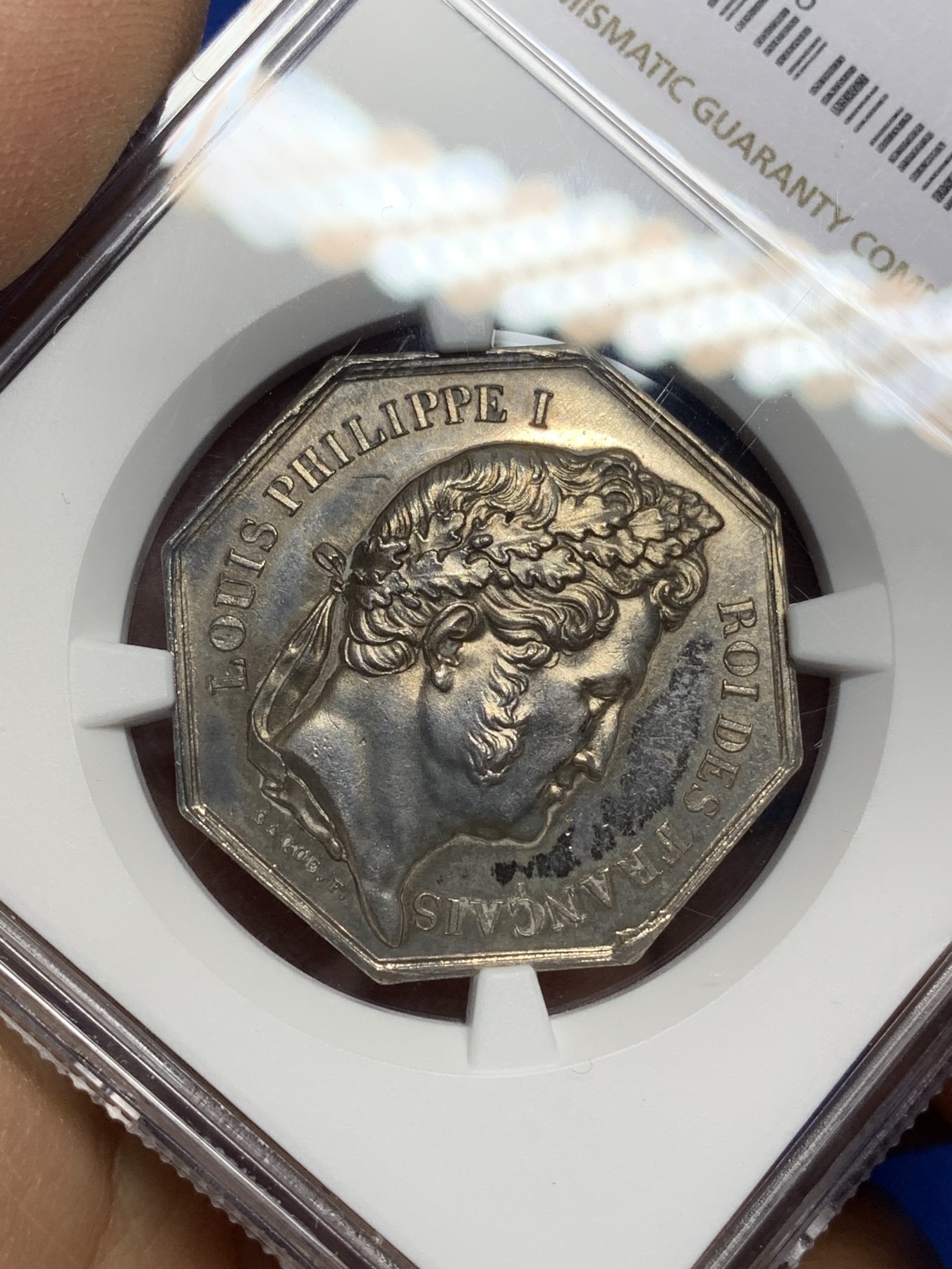 《竞宝斋》第221场-周日，周一 2场 (全场包邮) NGC MS63 法国 菲利普像 勒鲁吉市 公证处 银质八角代币 少见品种