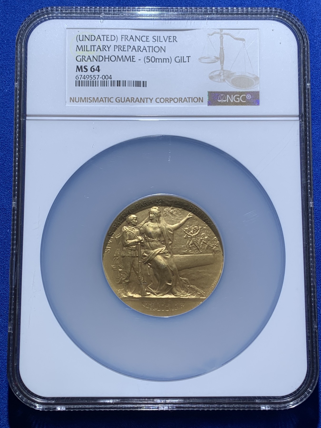 《竞宝斋》第221场-周日，周一 2场 (全场包邮) NGC MS64 法国1911后备役训练镀金银章 加厚大盒