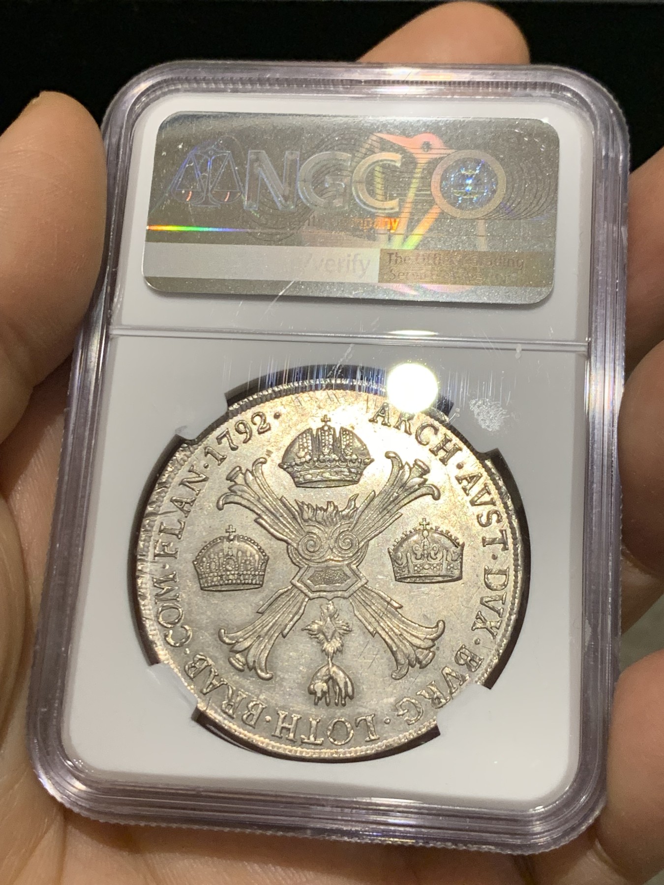 《竞宝斋》第221场-周日，周一 2场 (全场包邮) 唯一冠军分  NGC-AU58 1792M年 意大利 约瑟夫二世 1泰勒银币 米兰造币厂 哈布斯堡领地 很温润舒服 稀少品种