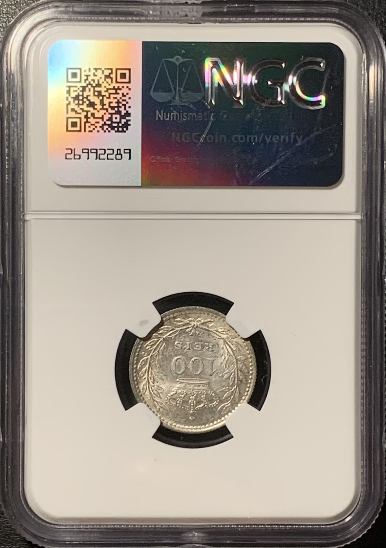 紫瑗钱币——第329期拍卖 葡萄牙 1910年 曼努埃尔二世 100瑞斯 银币 NGC MS62