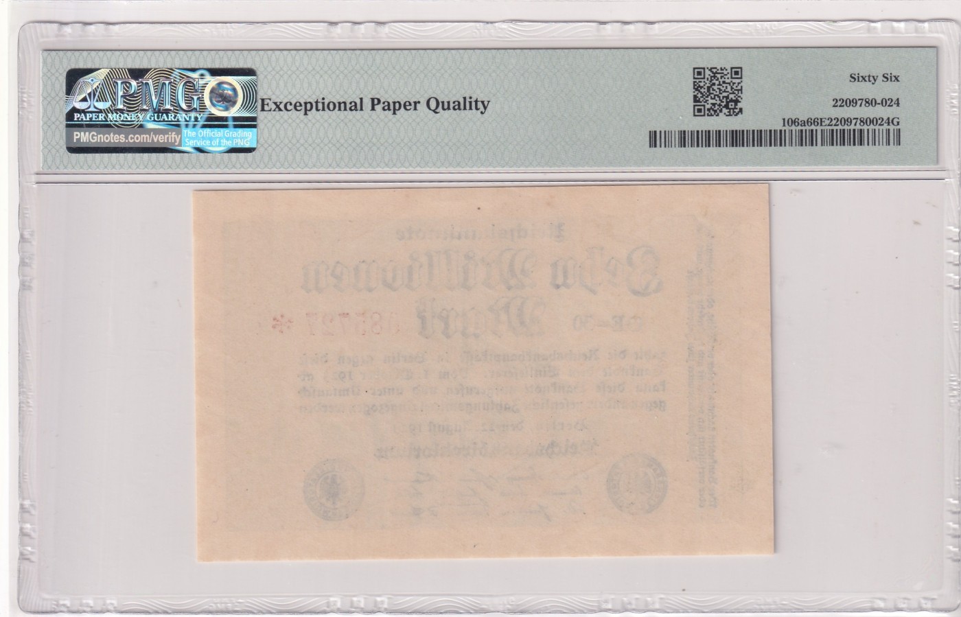 🌗乐淘淘世界纸币拍卖 第32期 🌓 【OE-30 085727】德国1923年纸币 10Millionen马克 PMG66EPQ