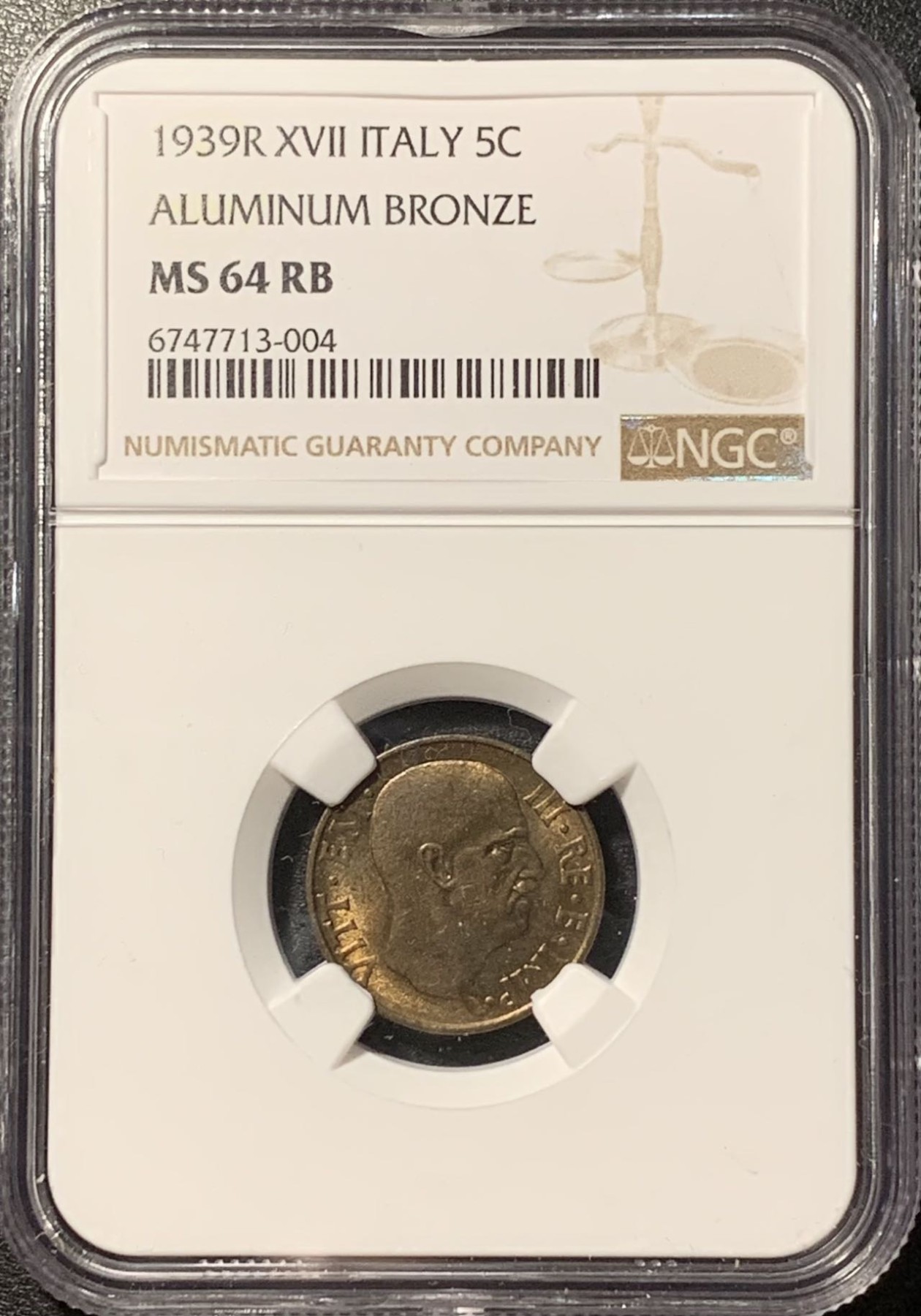 紫瑗钱币——第329期拍卖 意大利 1939年 伊曼纽尔三世 5分 铜币 NGC MS64 RB