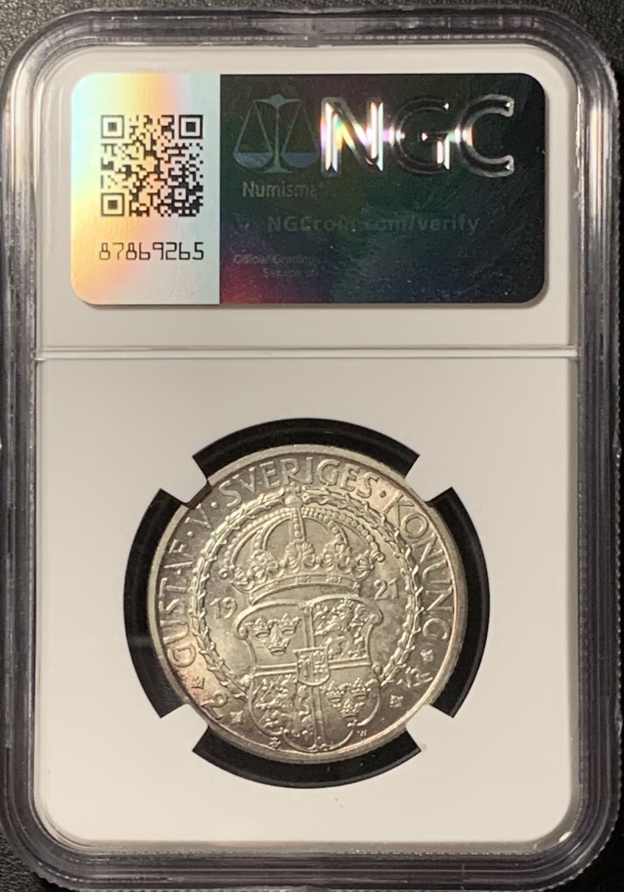 紫瑗钱币——第329期拍卖 瑞典 1921年 政治自由400周年 2克朗 银币 NGC MS64 五彩