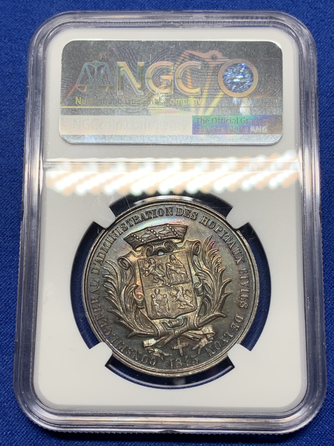 《竞宝斋》第221场-周日，周一 2场 (全场包邮) NGC-MS62 法国1845年 双皇头像 JETON银制 高浮雕 经典传世黑包浆 非常难得