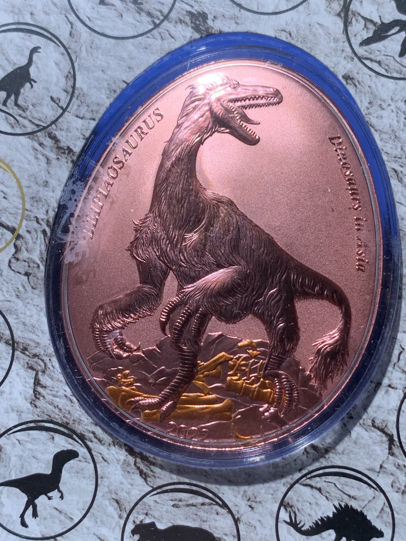 《竞宝斋》第221场-周日，周一 2场 (全场包邮) 萨摩亚2022年 北票龙 20分 恐龙蛋形状 精制铜币 非常漂亮 细节见图