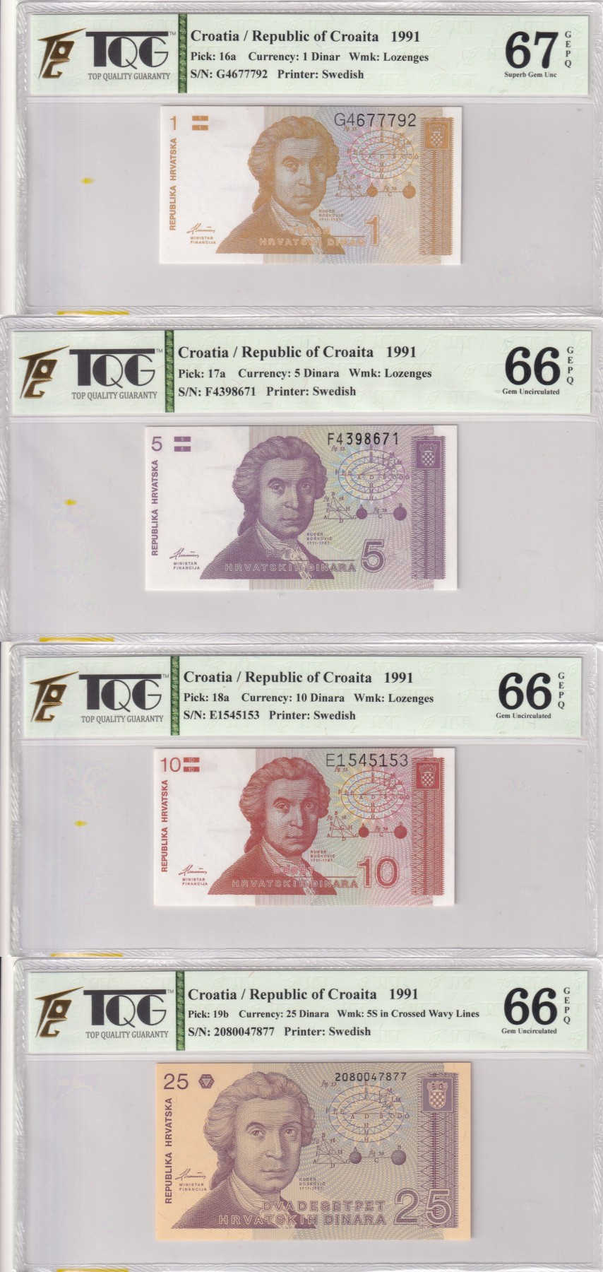 🌗乐淘淘世界纸币拍卖 第32期 🌓 克罗地亚1991年纸币四张 1/5/10/25第纳尔 TQG评级