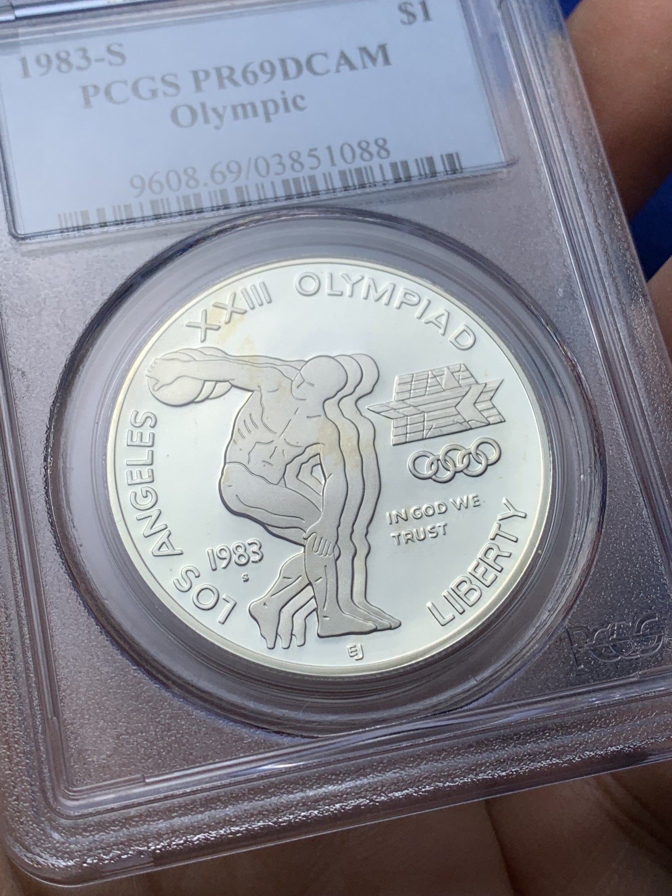 《竞宝斋》第221场-周日，周一 2场 (全场包邮) PCGS-PR69DCAM 美国1983年奥林匹克掷饼者纪念精制银币，克劳斯获奖币