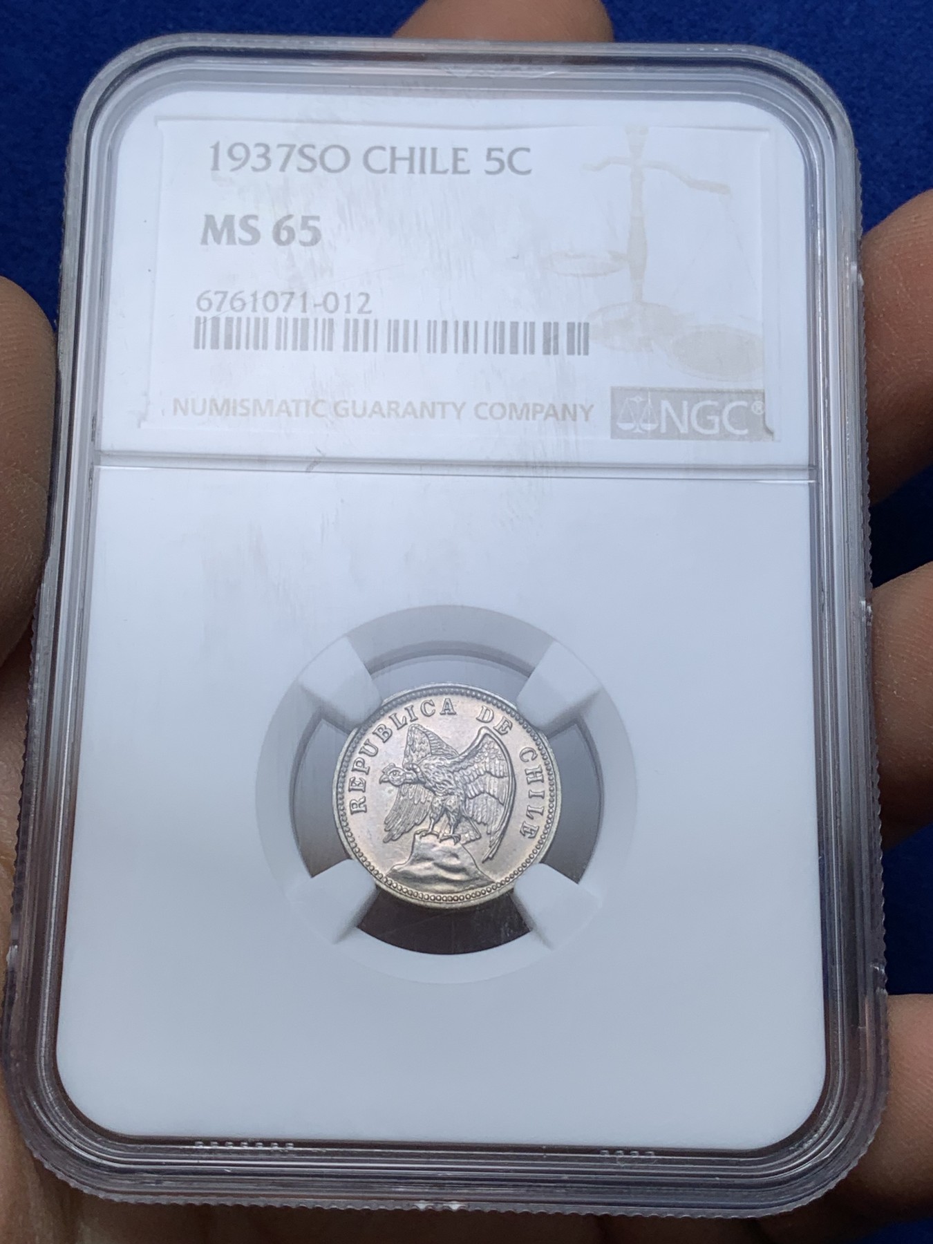 《竞宝斋》第221场-周日，周一 2场 (全场包邮) NGC-MS65 智利 1937年 秃鹰 秃鹫 5分 少见高分