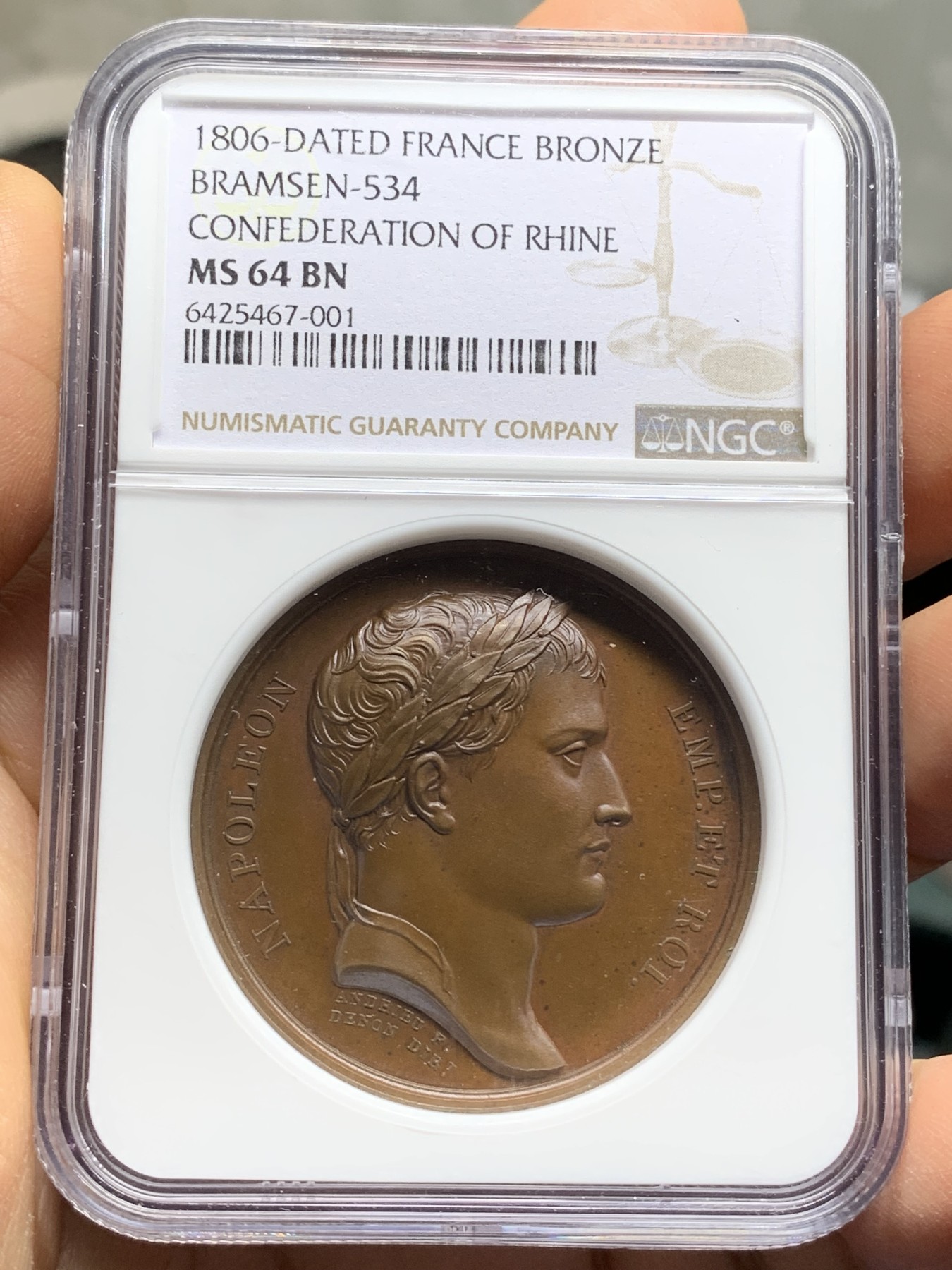 《竞宝斋》第221场-周日，周一 2场 (全场包邮) NGC-MS64BN 法国 1806年 拿破仑铜章 莱茵同盟 设计精美 醇厚巧克力色
