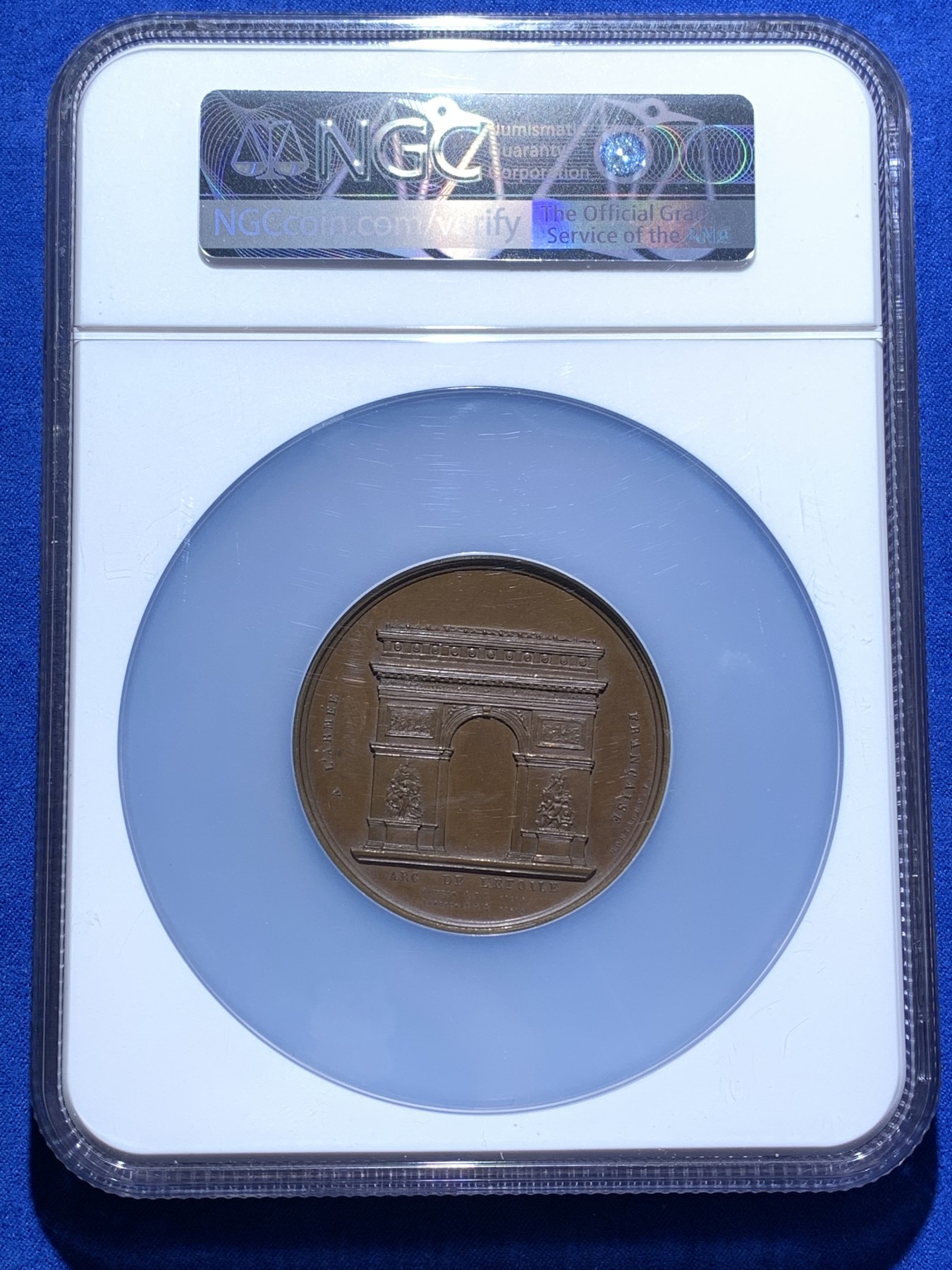 《竞宝斋》第221场-周日，周一 2场 (全场包邮) NGC MS62BN 法国1836凯旋门落成拿破仑头像铜章 加厚大盒