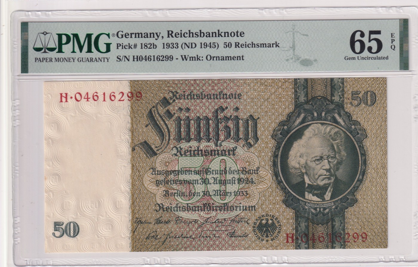 🌗乐淘淘世界纸币拍卖 第32期 🌓 【H04616299】德国1933年纸币 50马克 PMG65EPQ