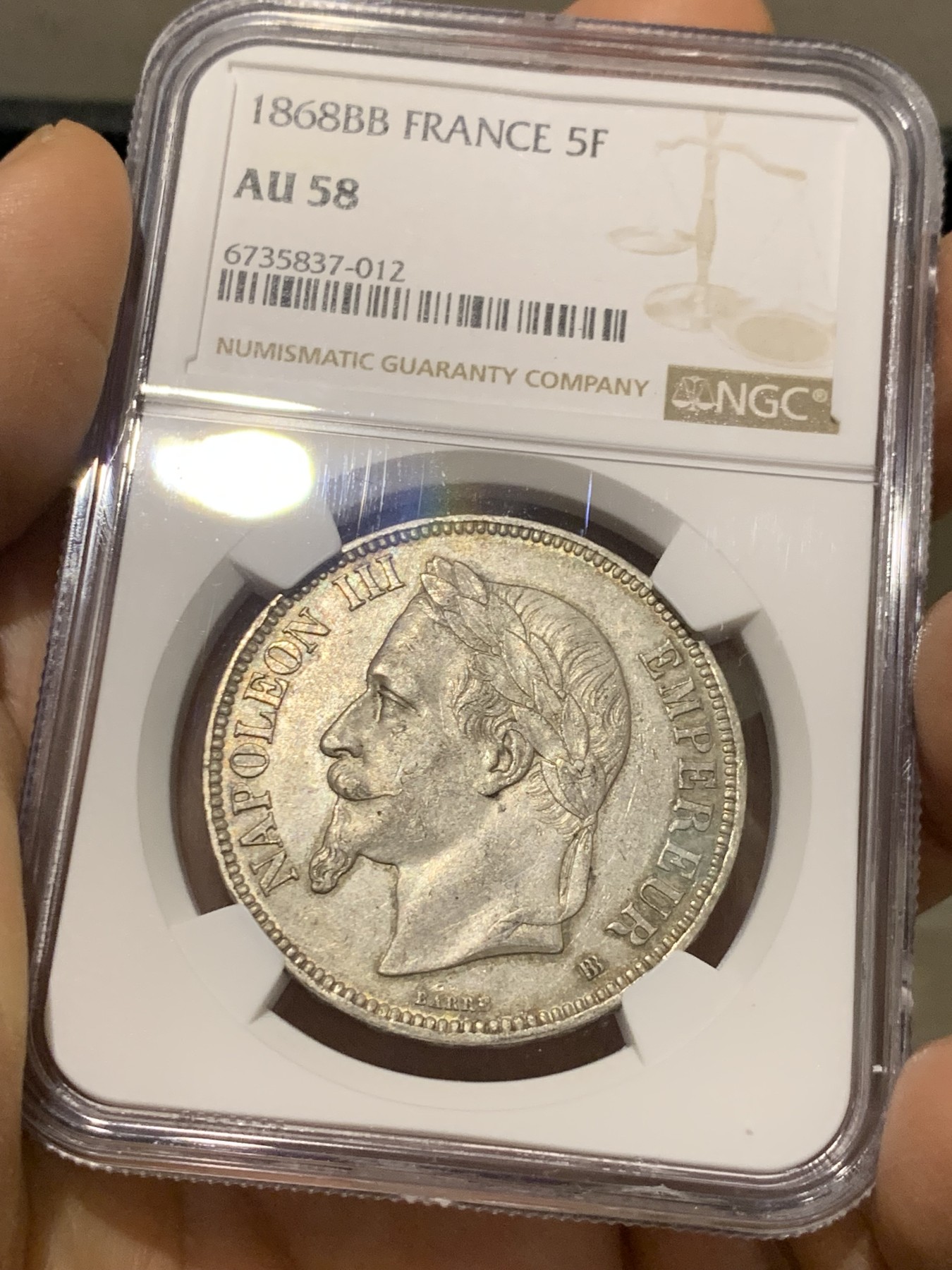《竞宝斋》第221场-周日，周一 2场 (全场包邮) NGC AU58 法国拿破仑三世5法郎银币 少见1868BB 原味带光 细节一流