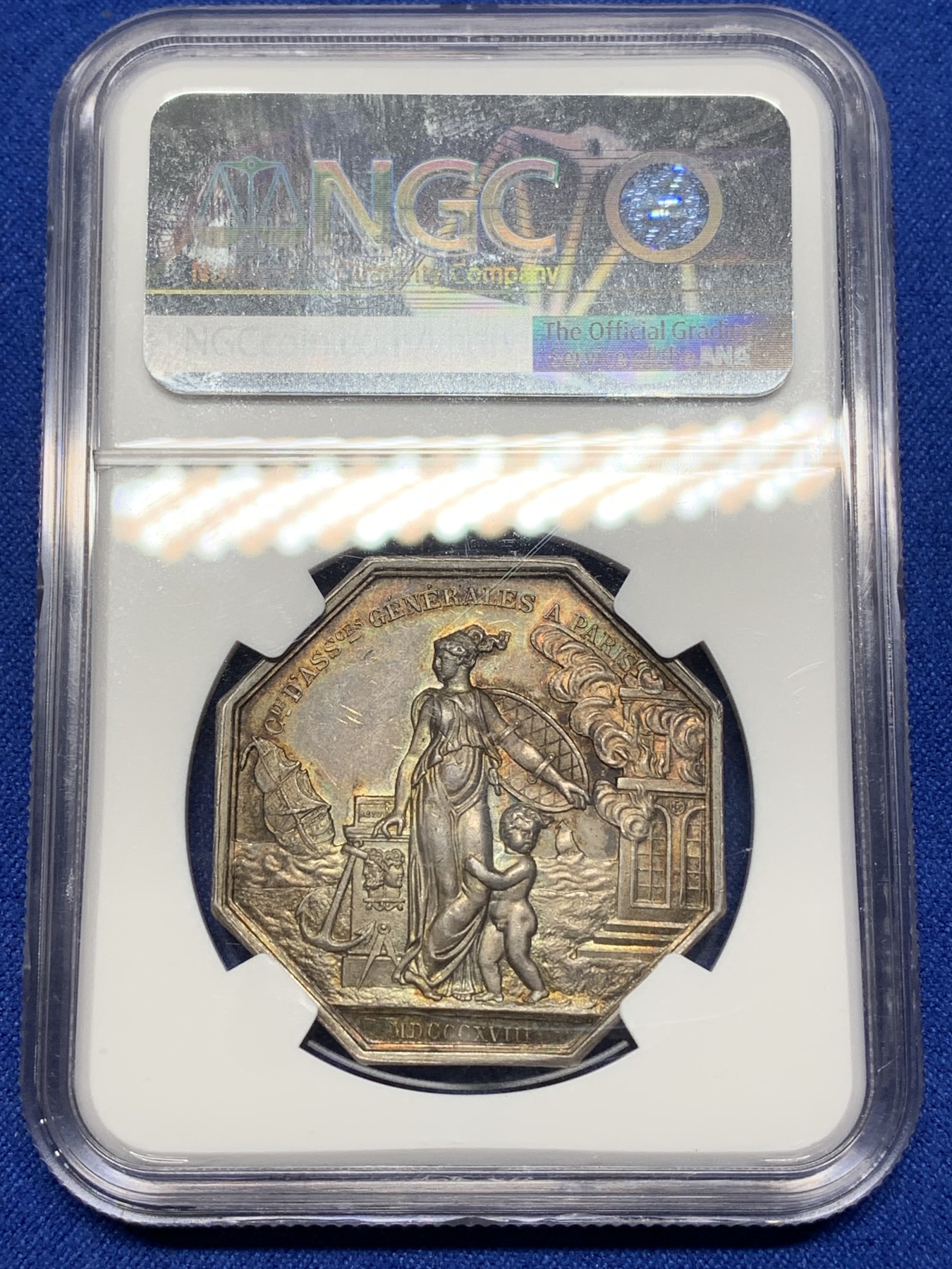 《竞宝斋》第221场-周日，周一 2场 (全场包邮) NGC MS64 法国 1818 八角银质代币，巴黎火灾保险公司，金色彩浆，极美品，块头很大