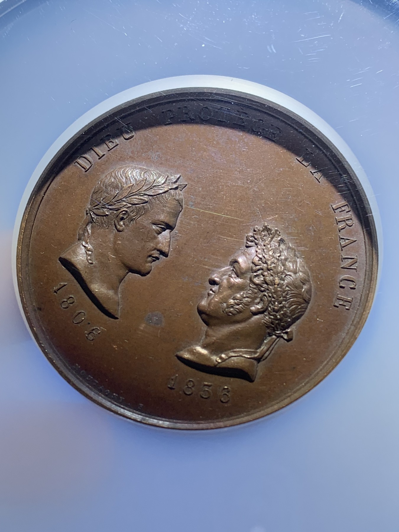 《竞宝斋》第221场-周日，周一 2场 (全场包邮) NGC MS62BN 法国1836凯旋门落成拿破仑头像铜章 加厚大盒