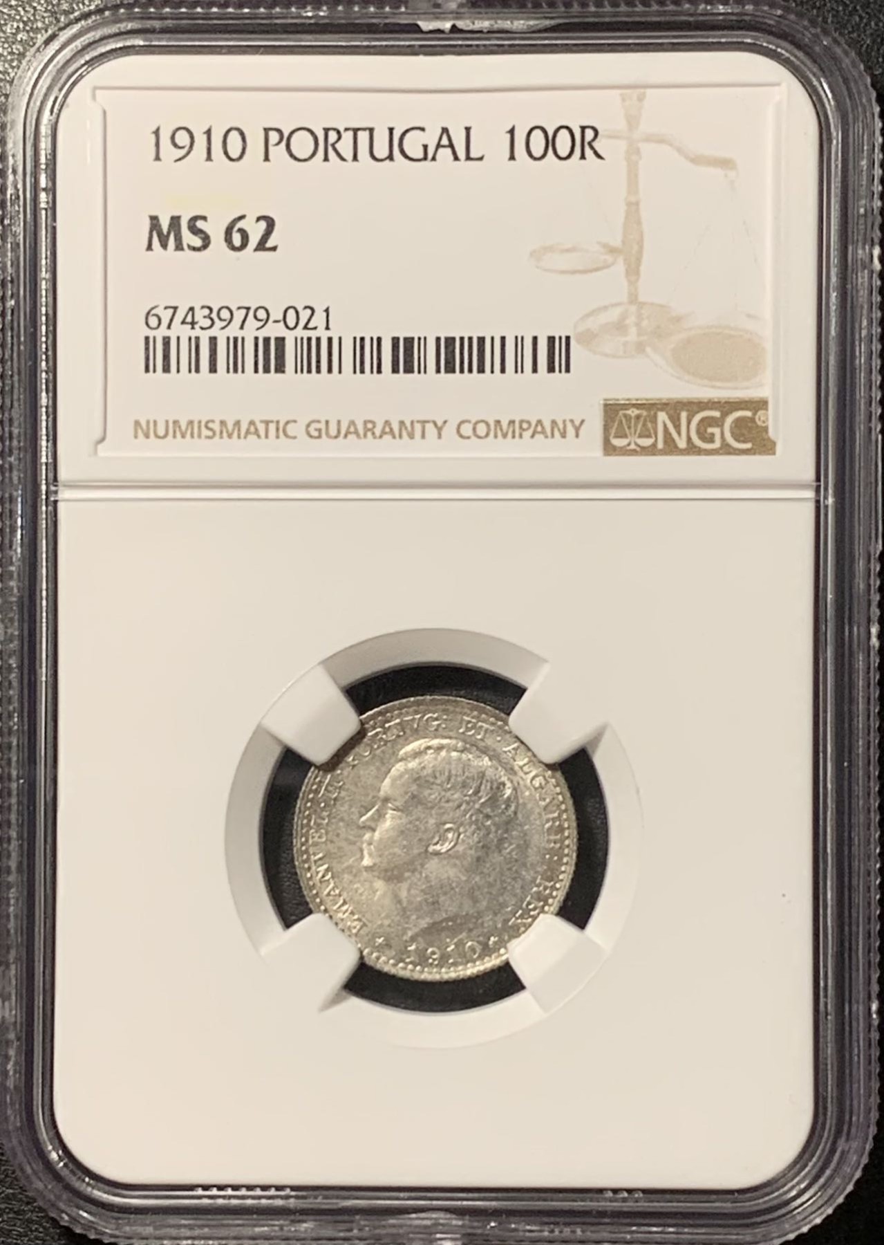 紫瑗钱币——第329期拍卖 葡萄牙 1910年 曼努埃尔二世 100瑞斯 银币 NGC MS62