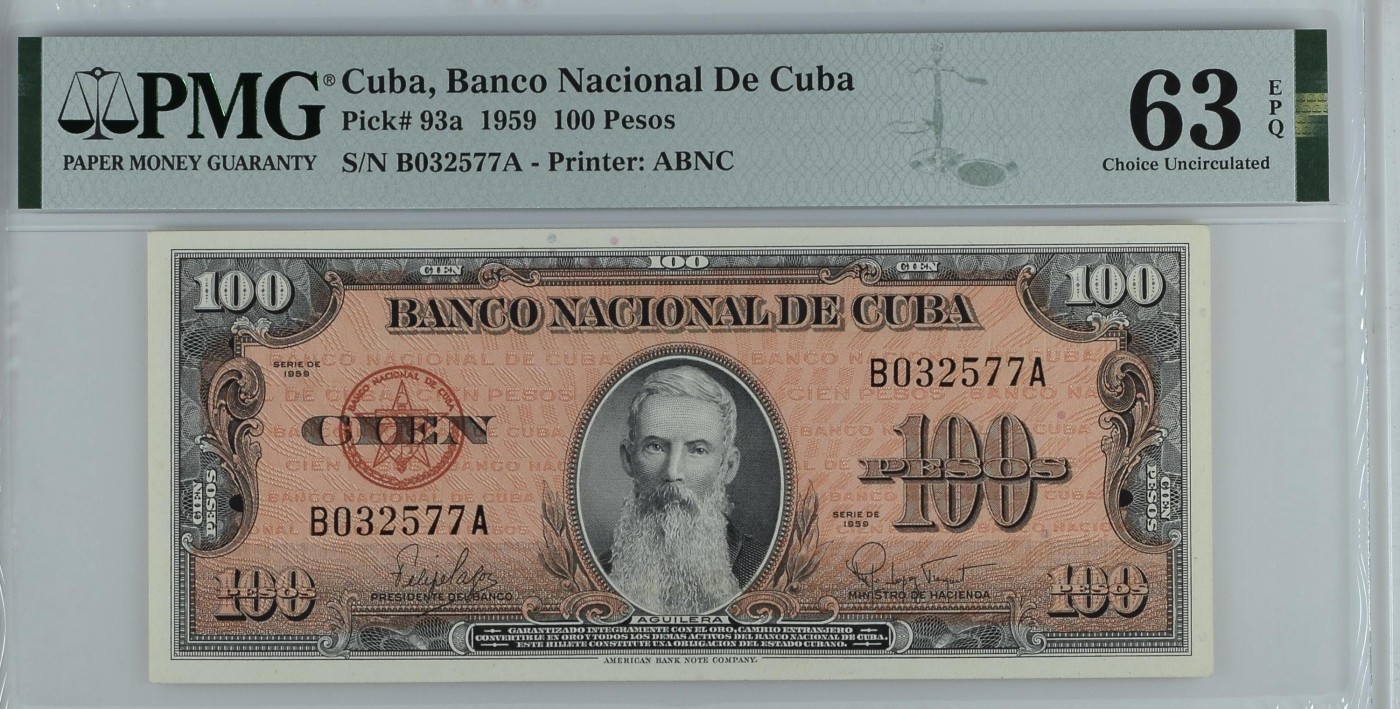 🌗乐淘淘世界纸币拍卖 第32期 🌓 【B032577A】古巴1959年纸币 100比索 PMG63EPQ