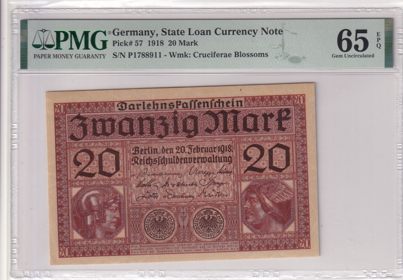 🌗乐淘淘世界纸币拍卖 第32期 🌓 【P1788911】德国1918年纸币 20马克 百年老钞 PMG65EPQ