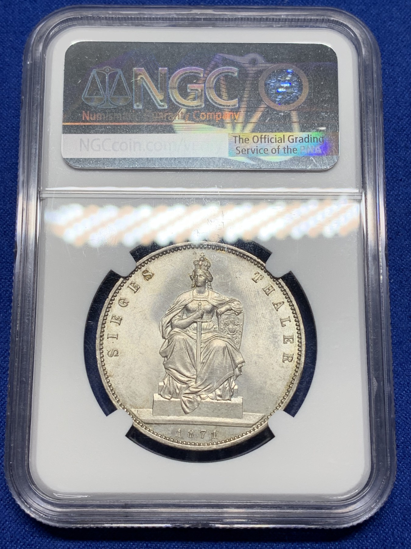 《竞宝斋》第221场-周日，周一 2场 (全场包邮) NGC MS62  德国 1871年 普鲁士 普法胜利泰勒 银币 车轮光。