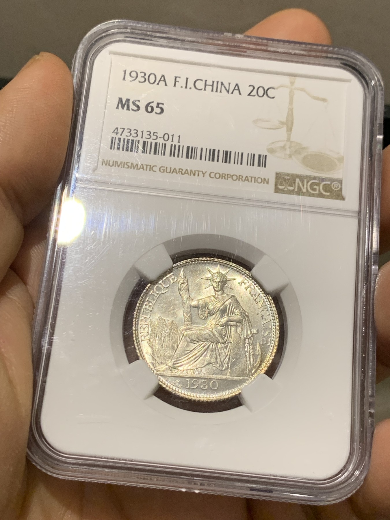 《竞宝斋》第221场-周日，周一 2场 (全场包邮) NGC MS65 原光法属印支1930年坐洋20分银币，少见年份