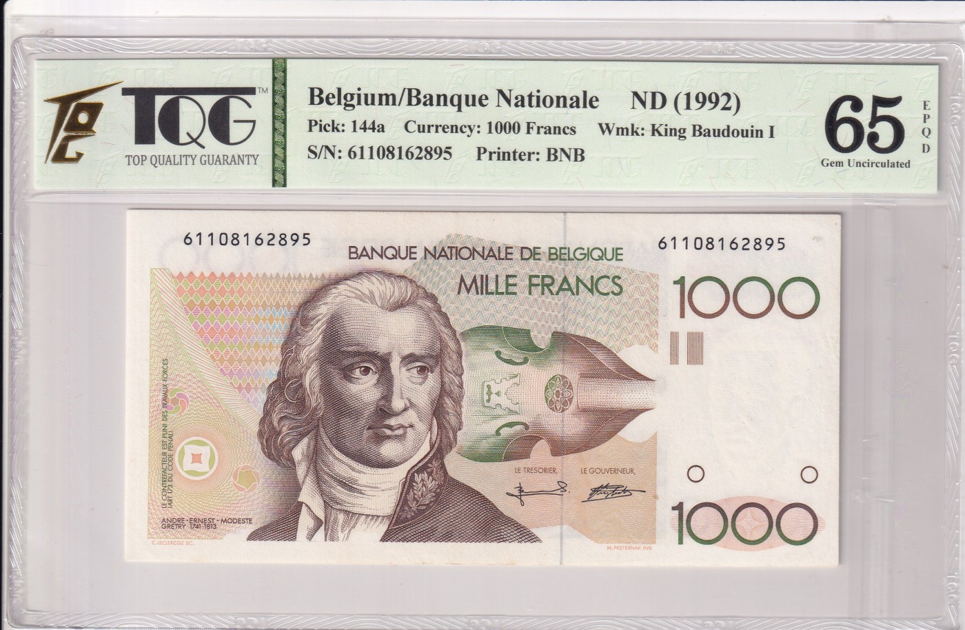 🌗乐淘淘世界纸币拍卖 第32期 🌓 【61108162895】比利时1992年纸币 1000法郎 长号无47 TQG65EPQ