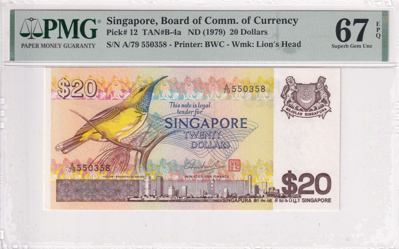 🌗乐淘淘世界纸币拍卖 第32期 🌓 【A/79 550358】新加坡1979年纸币 20元 鸟版 PMG67EPQ