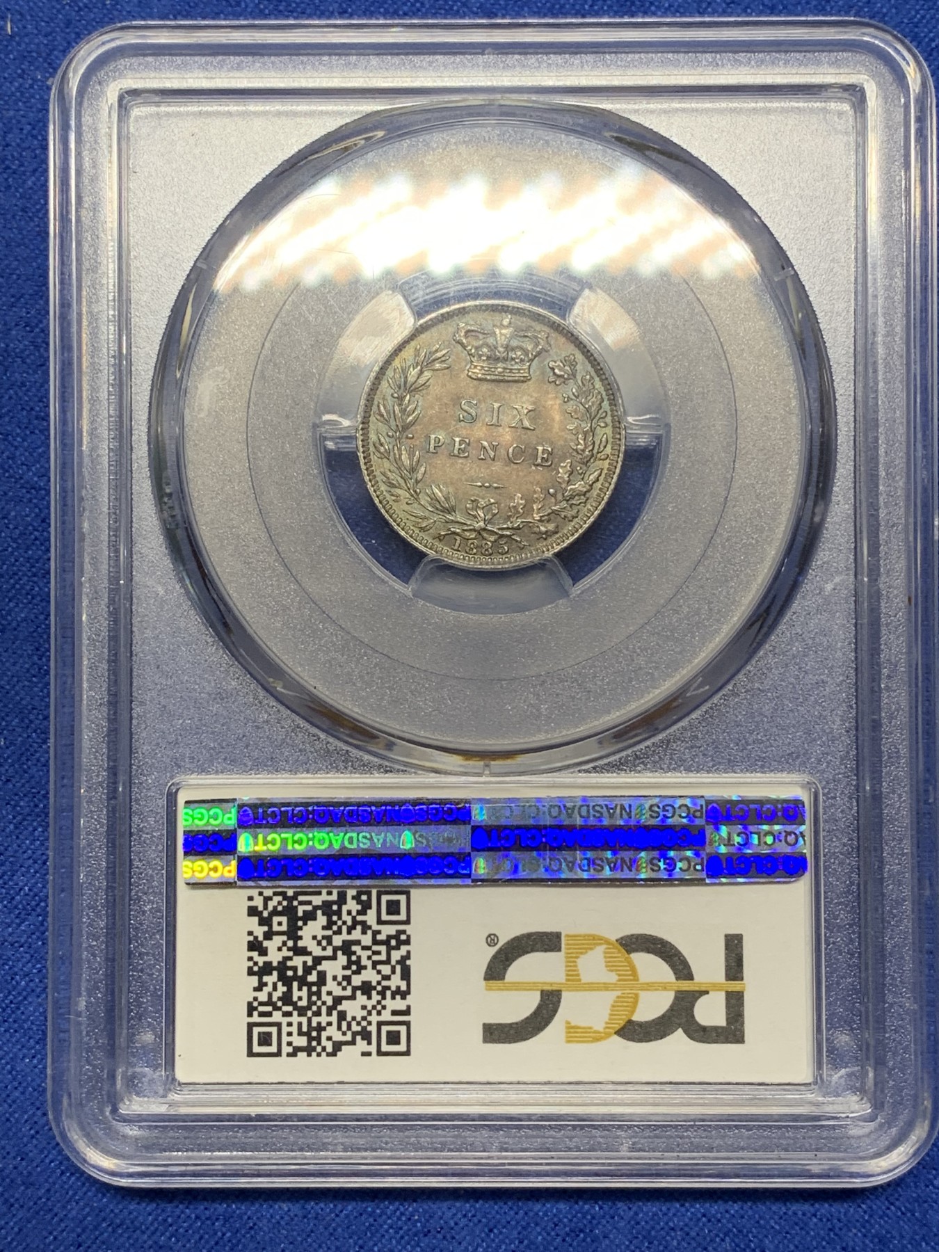 《竞宝斋》第221场-周日，周一 2场 (全场包邮) PCGS MS63 英国1885维多利亚女王6便士银币  顶级紫罗兰五彩 略有低评