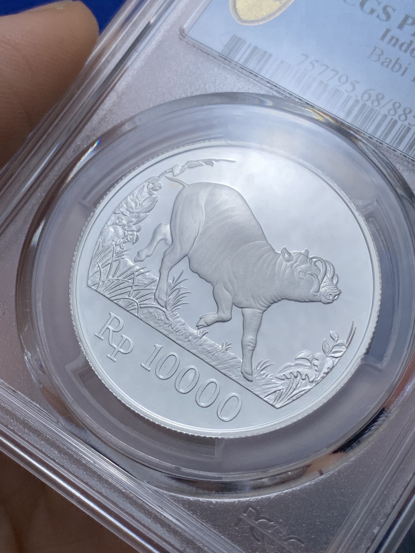 《竞宝斋》第221场-周日，周一 2场 (全场包邮) PCGS金盾 PR68DCAM 印度尼西亚1987年鹿豚1万卢比精制银币