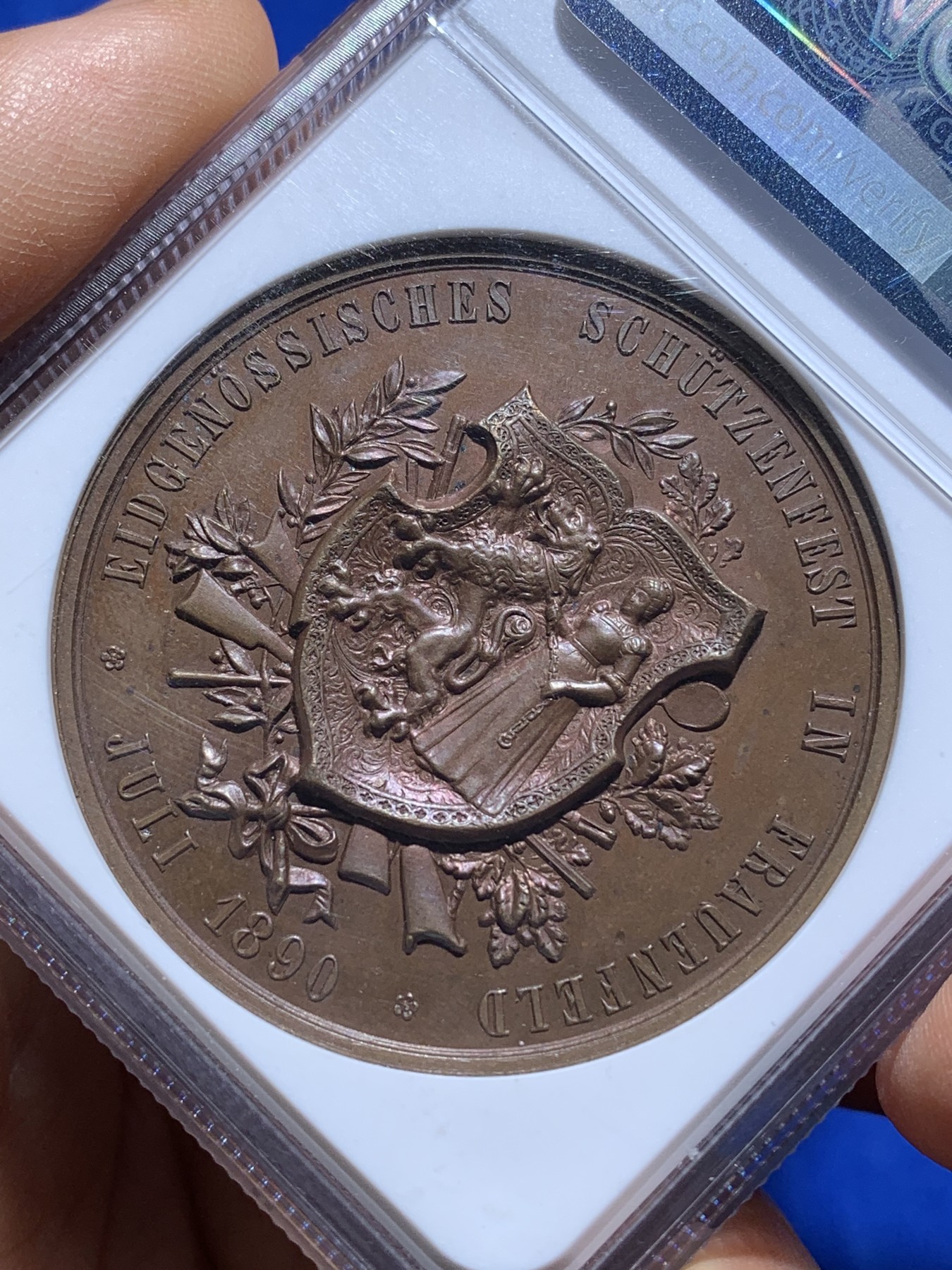 《竞宝斋》第221场-周日，周一 2场 (全场包邮) NGC MS64 1890年瑞士弗劳恩菲尔德射击节铜章,高分品质，收藏一步到位