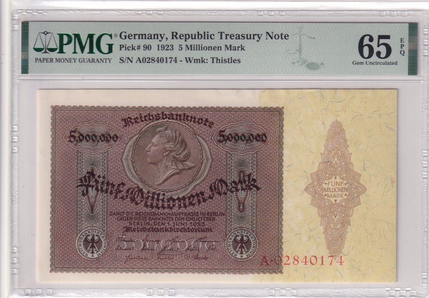 🌗乐淘淘世界纸币拍卖 第32期 🌓 【A02840174】德国1923年纸币 5Millionen 马克 百年老钞 PMG65EPQ