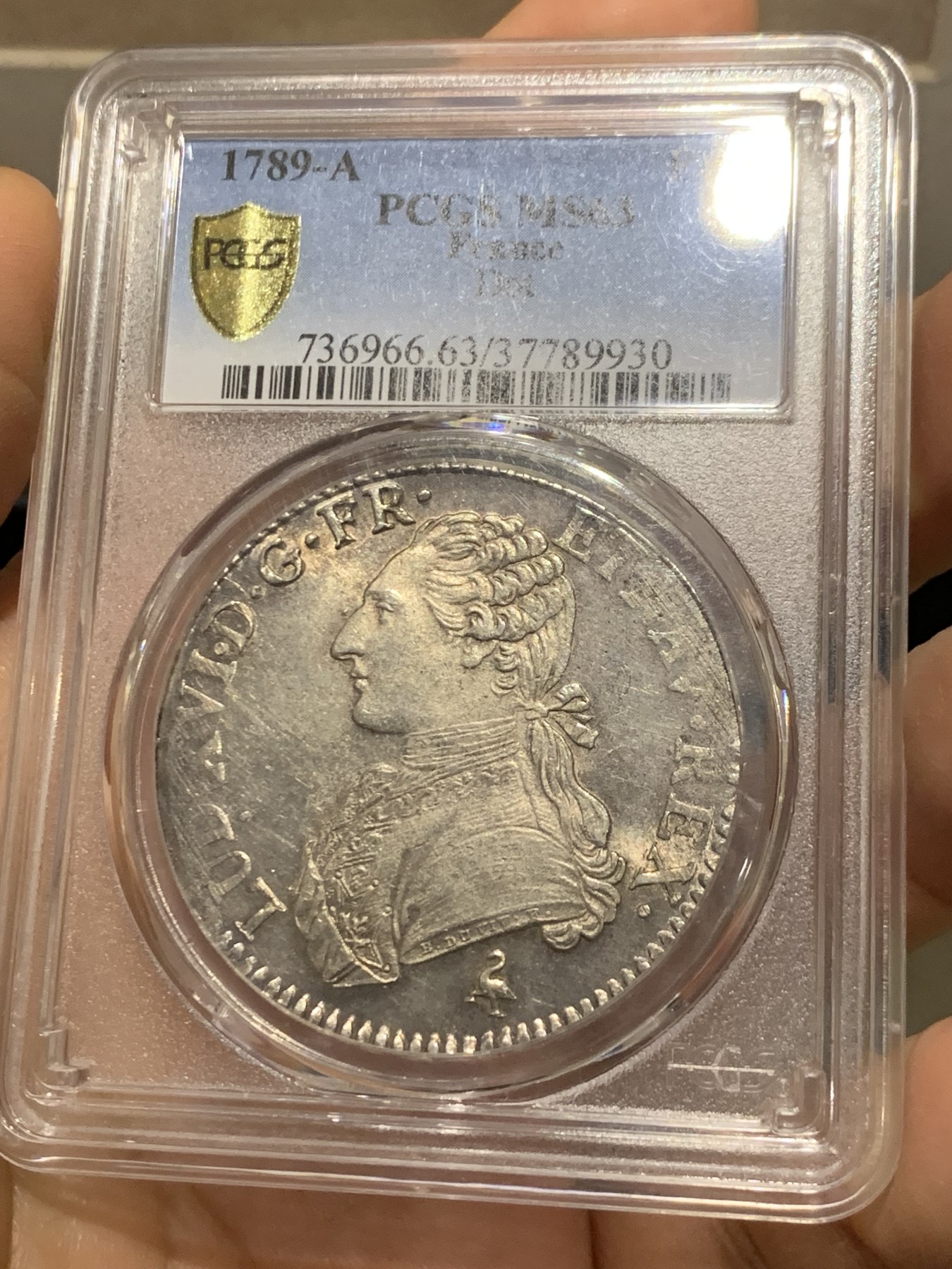 《竞宝斋》第221场-周日，周一 2场 (全场包邮) PCGS-MS63 法国1789年法国大革命路易十六埃居 全品深打 好品极其难得 人物状态绝了