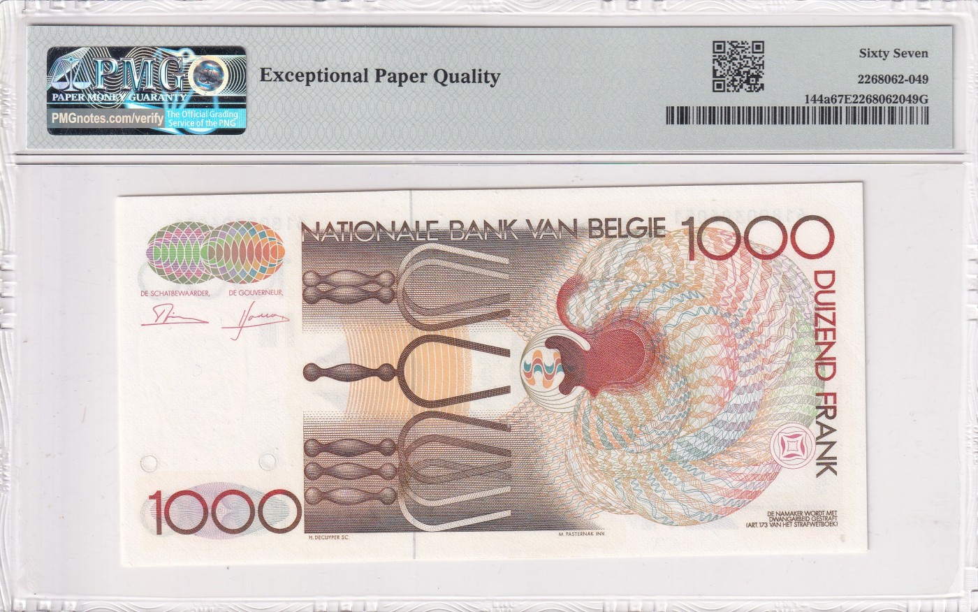 🌗乐淘淘世界纸币拍卖 第32期 🌓 【61800396051】比利时1980-96年纸币 1000法郎 长号无47 难得 PMG67EPQ