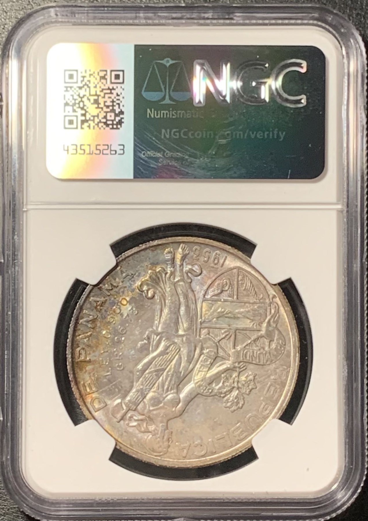 紫瑗钱币——第329期拍卖 巴拿马 1953年 总督巴尔博亚 1巴波亚 银币 NGC MS63 五彩包浆