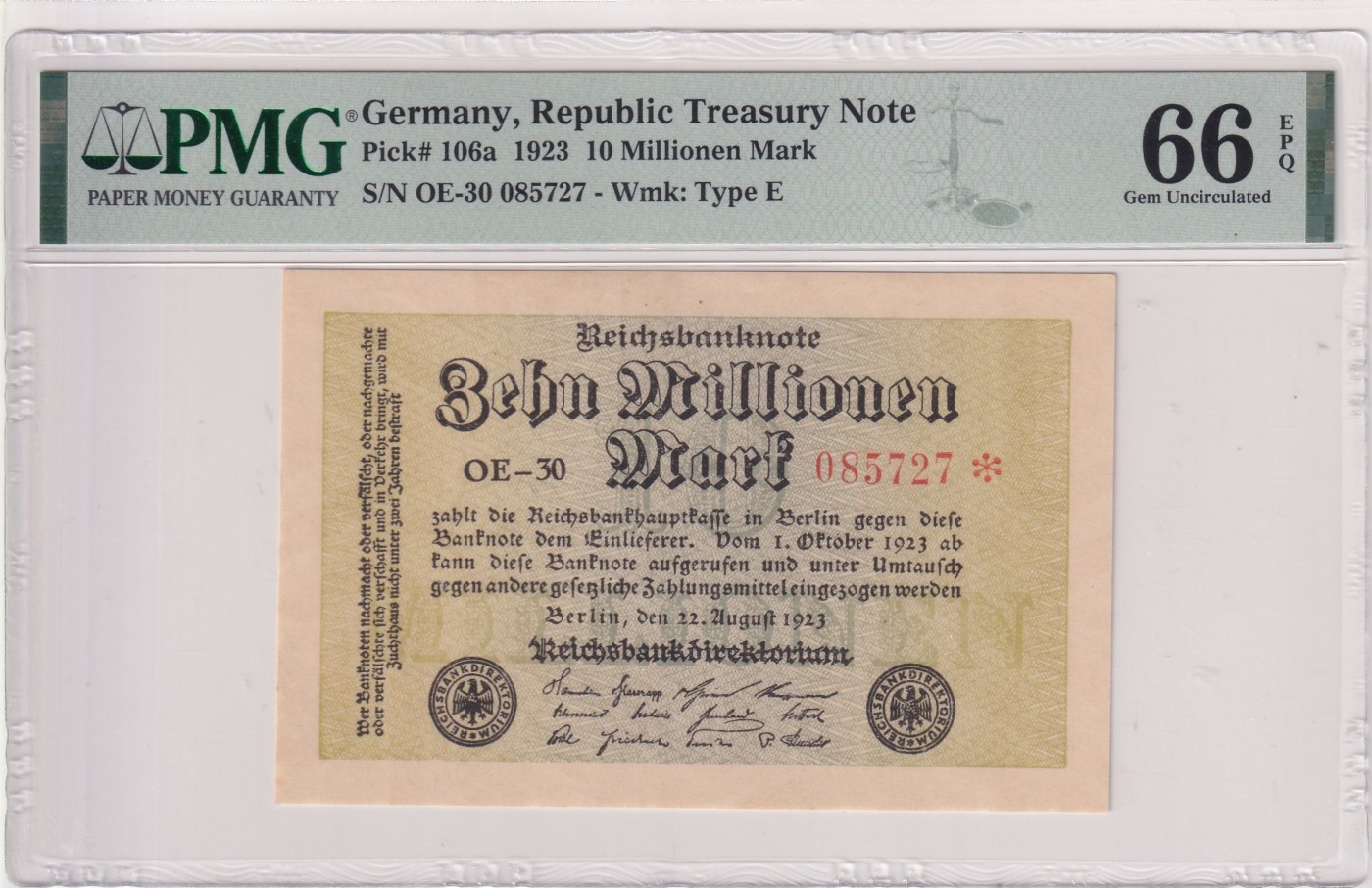 🌗乐淘淘世界纸币拍卖 第32期 🌓 【OE-30 085727】德国1923年纸币 10Millionen马克 PMG66EPQ