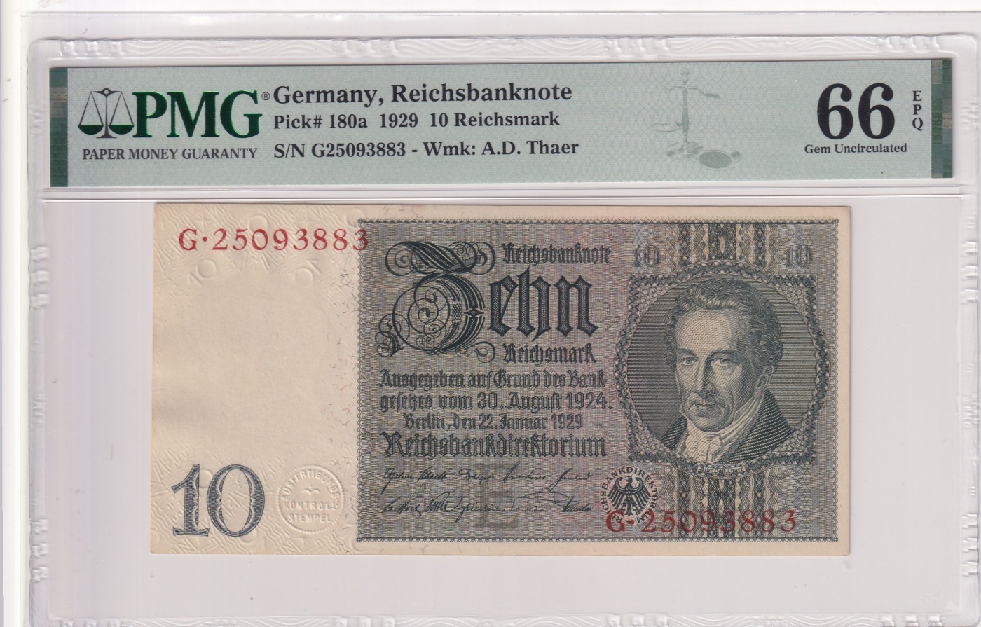 🌗乐淘淘世界纸币拍卖 第32期 🌓 【G25093883】德国1929年纸币 10马克 无47 PMG66EPQ