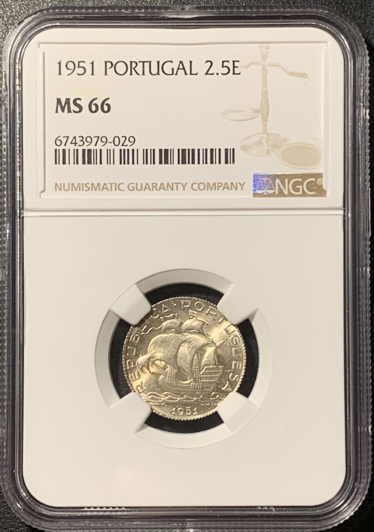 紫瑗钱币——第329期拍卖 葡萄牙 1951年 帆船 2.5埃斯库多 银币 NGC MS66