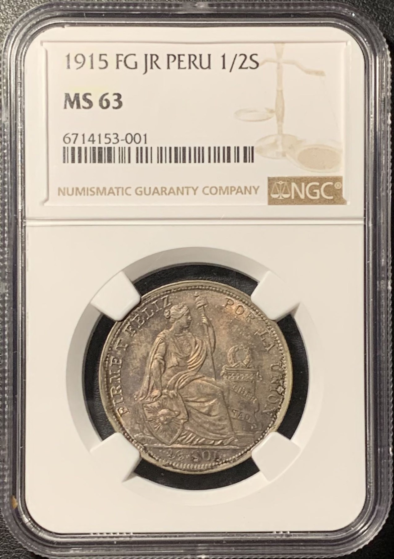 紫瑗钱币——第329期拍卖 秘鲁 1915年 FG JR 坐人 1/2索尔 银币 NGC MS63 重五彩