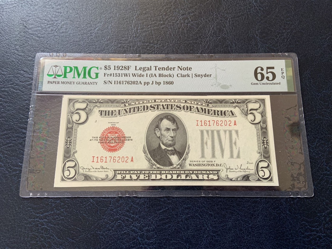 收藏联盟Quantum Auction 第309期拍卖  美国政府券1928年5元 PMG65 号码无4